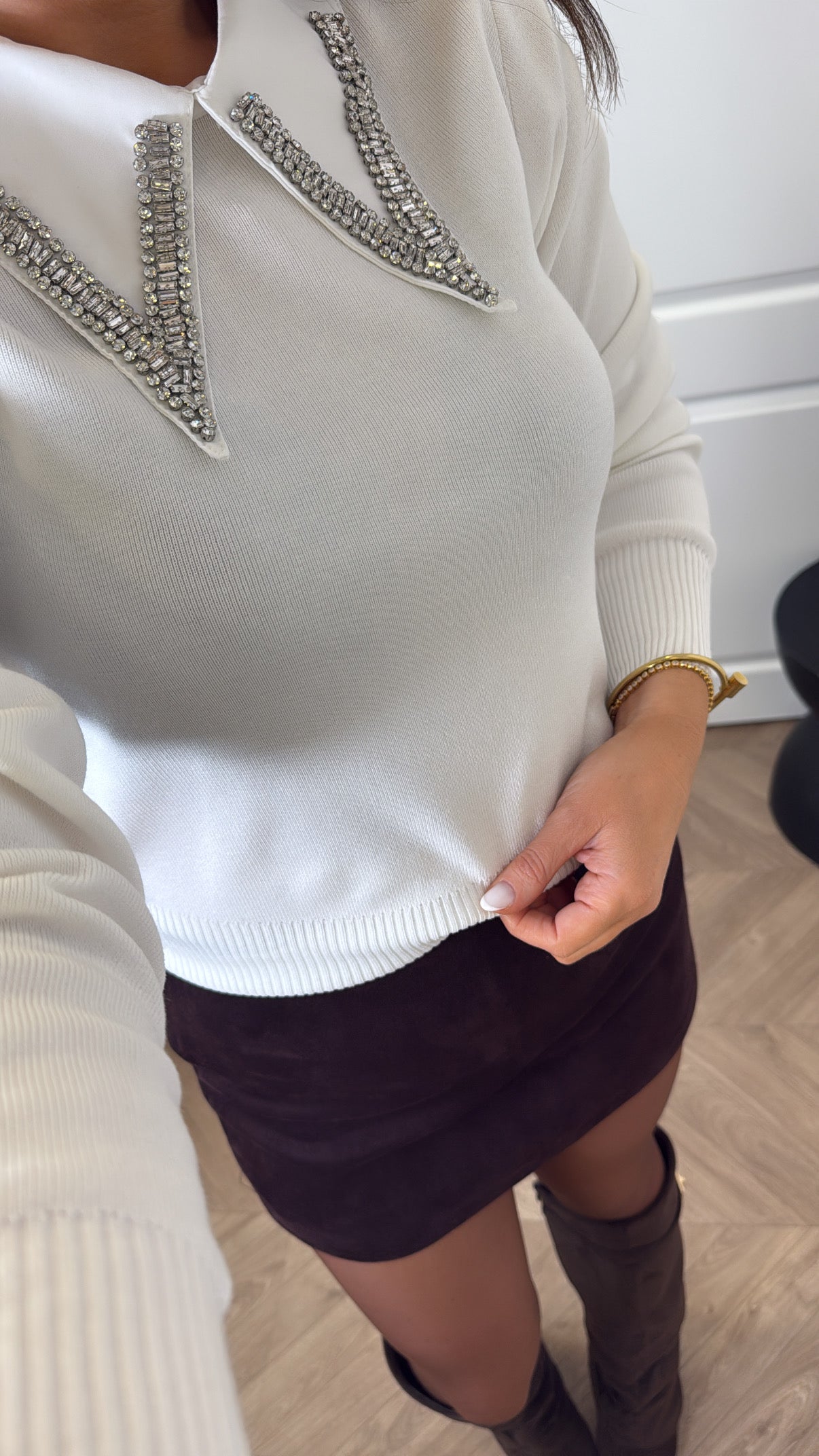 PENELOPE white luxe embellished jewel collar jumper