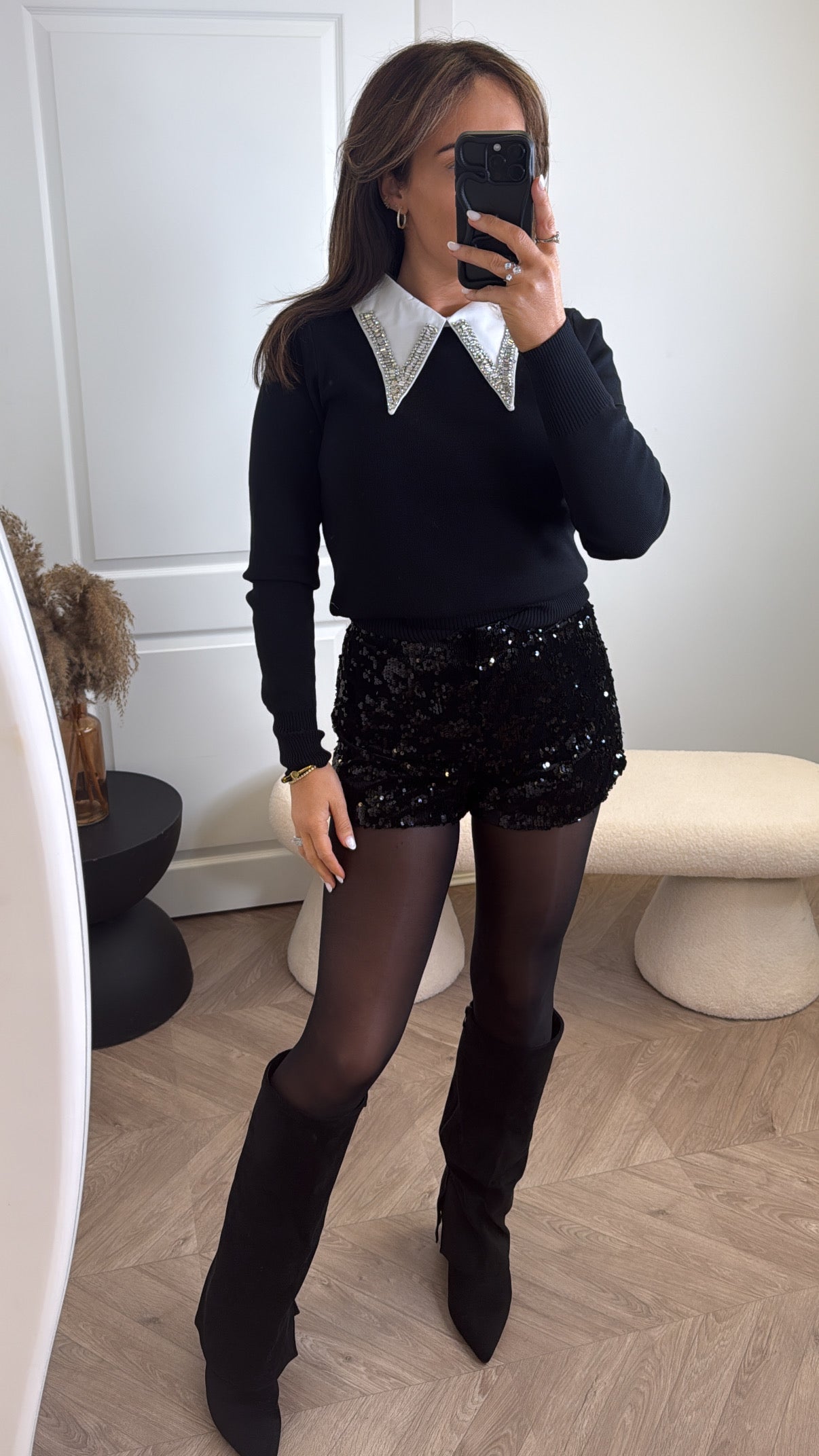 PENELOPE black luxe embellished jewel collar jumper