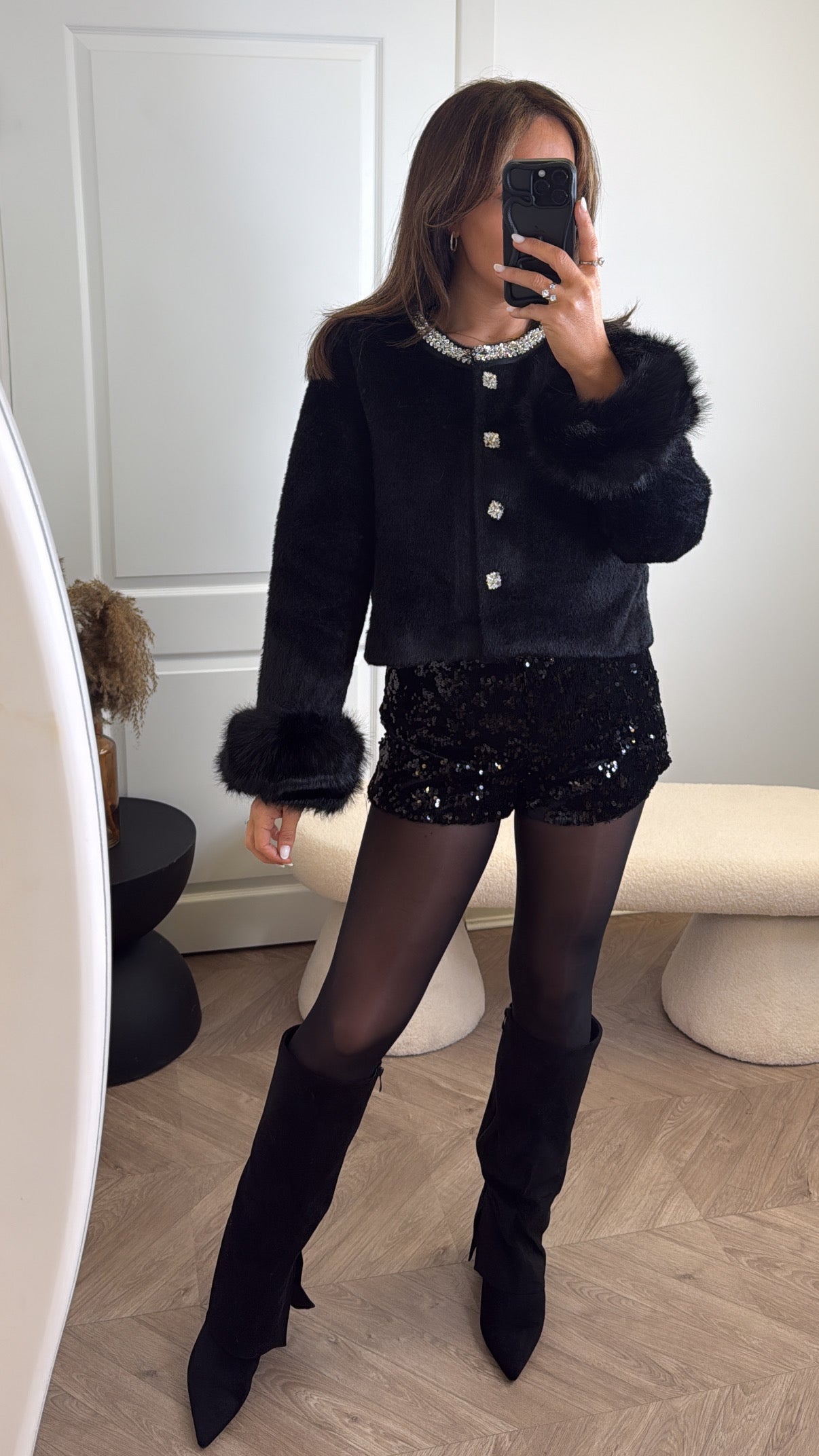 OPALINE black faux fur cardigan with fluffy cuffs