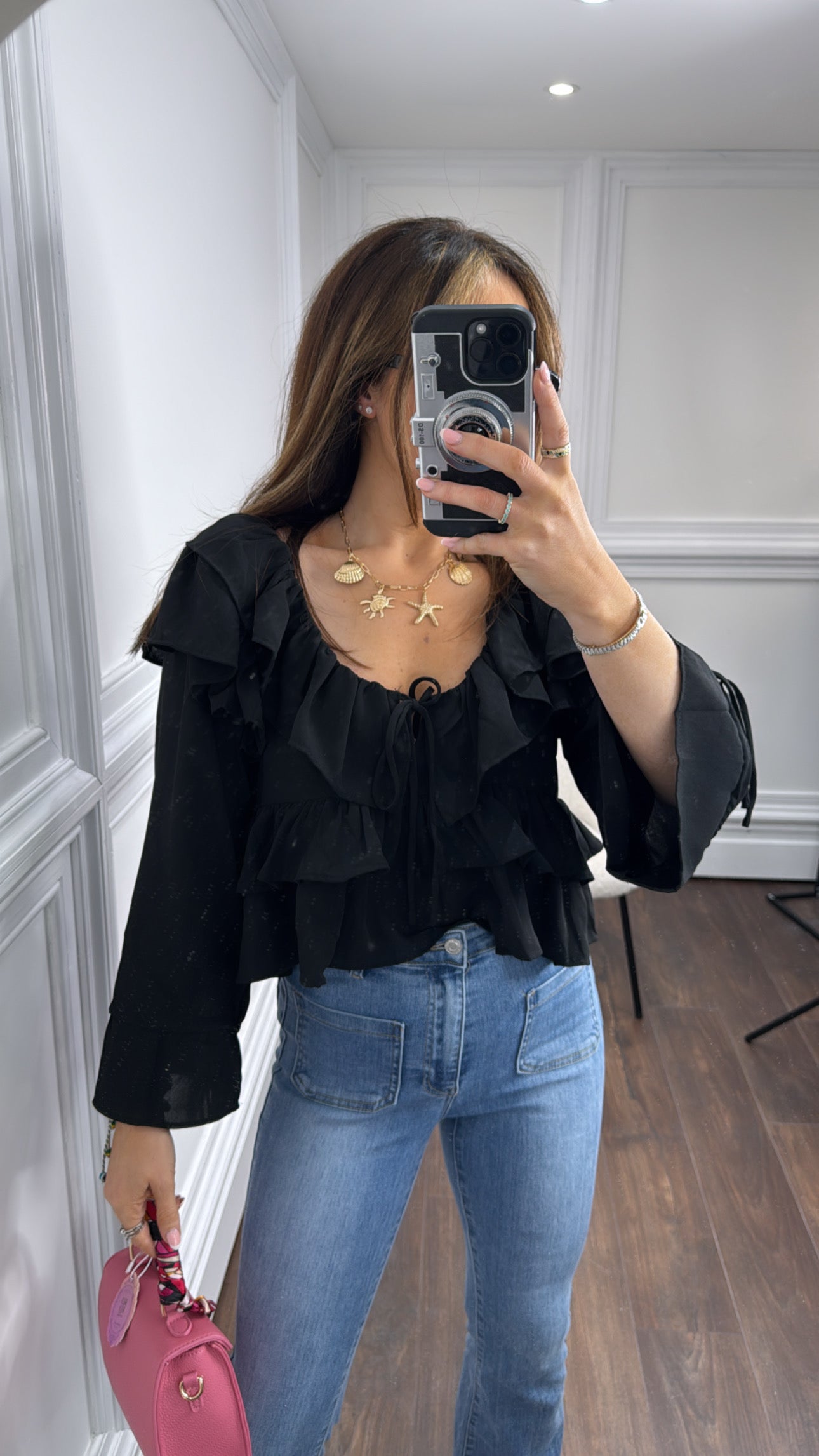 BETHANY black ruffle detail top