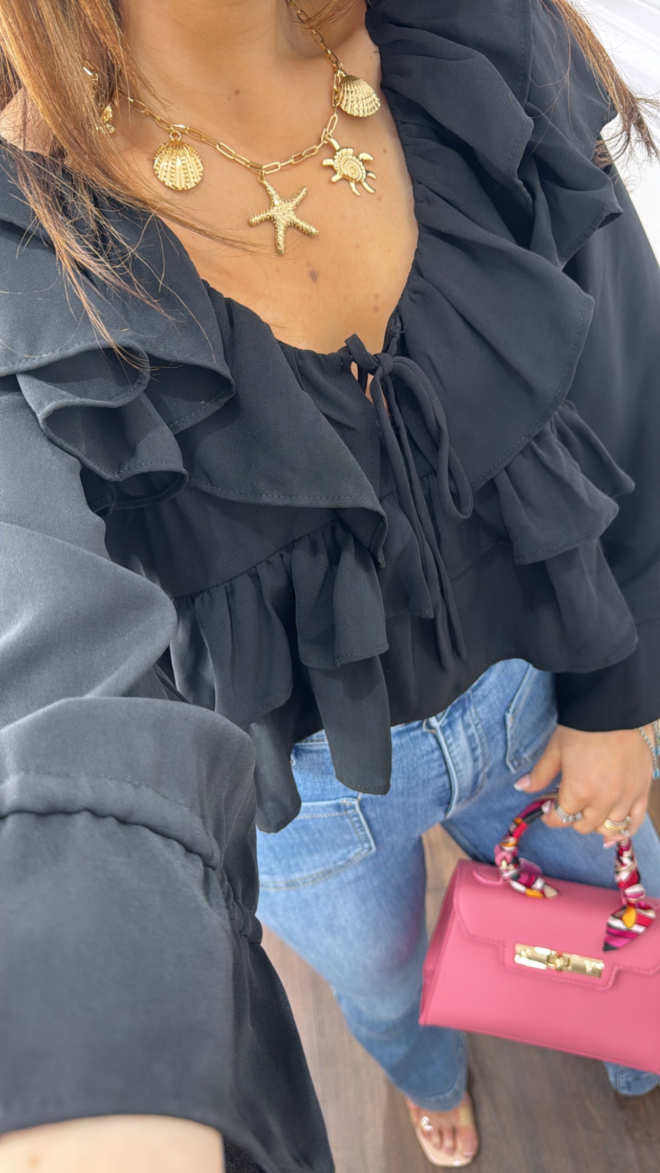 BETHANY black ruffle detail top