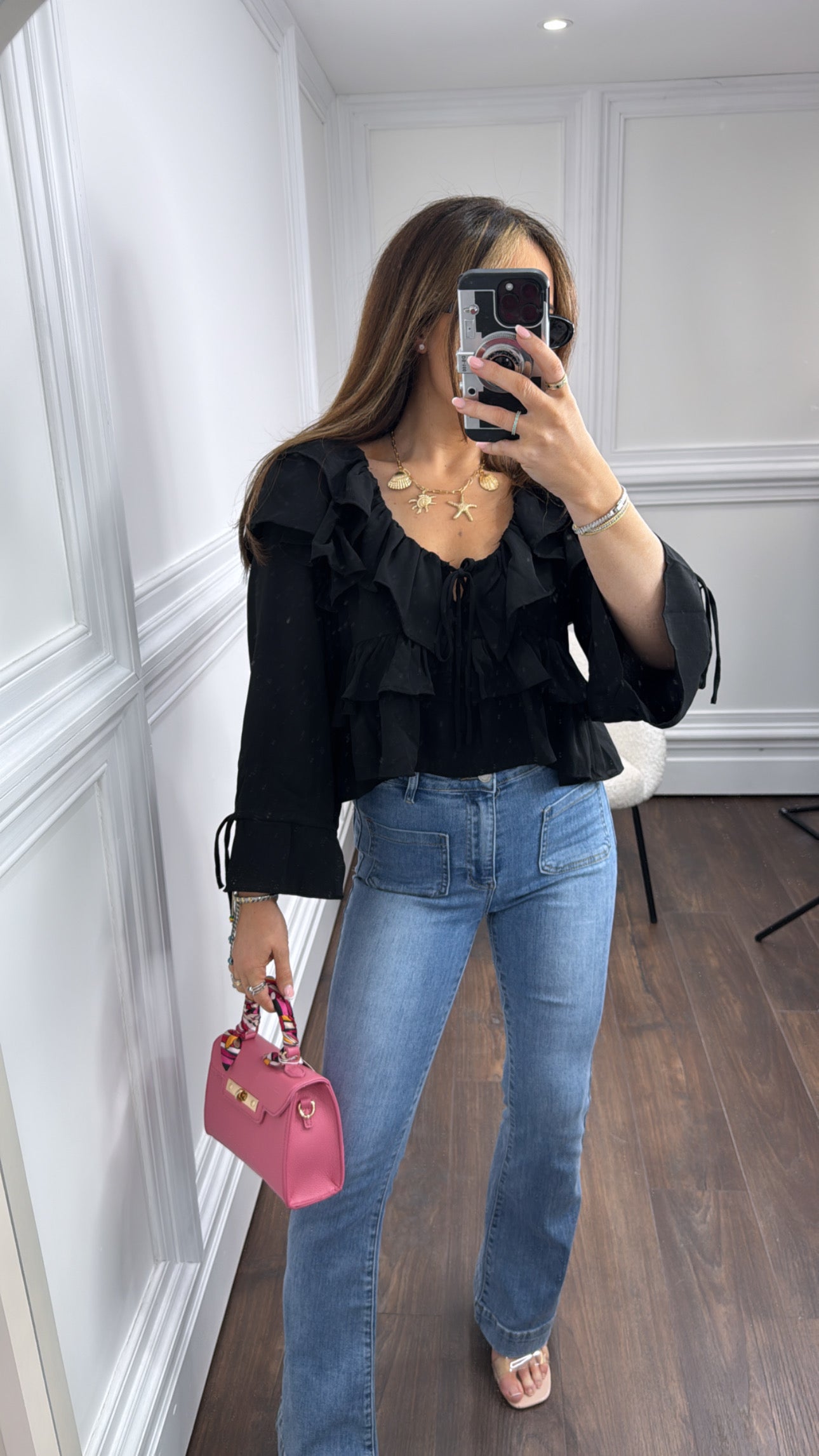 BETHANY black ruffle detail top