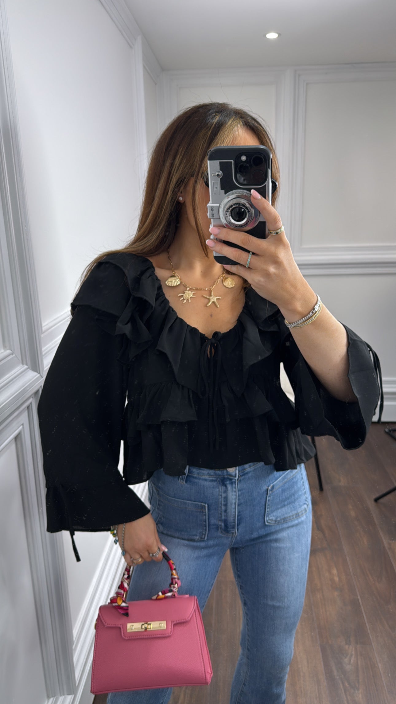 BETHANY black ruffle detail top