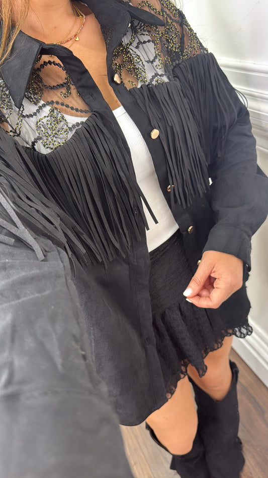 BROGAN black soft suede tassel shirt
