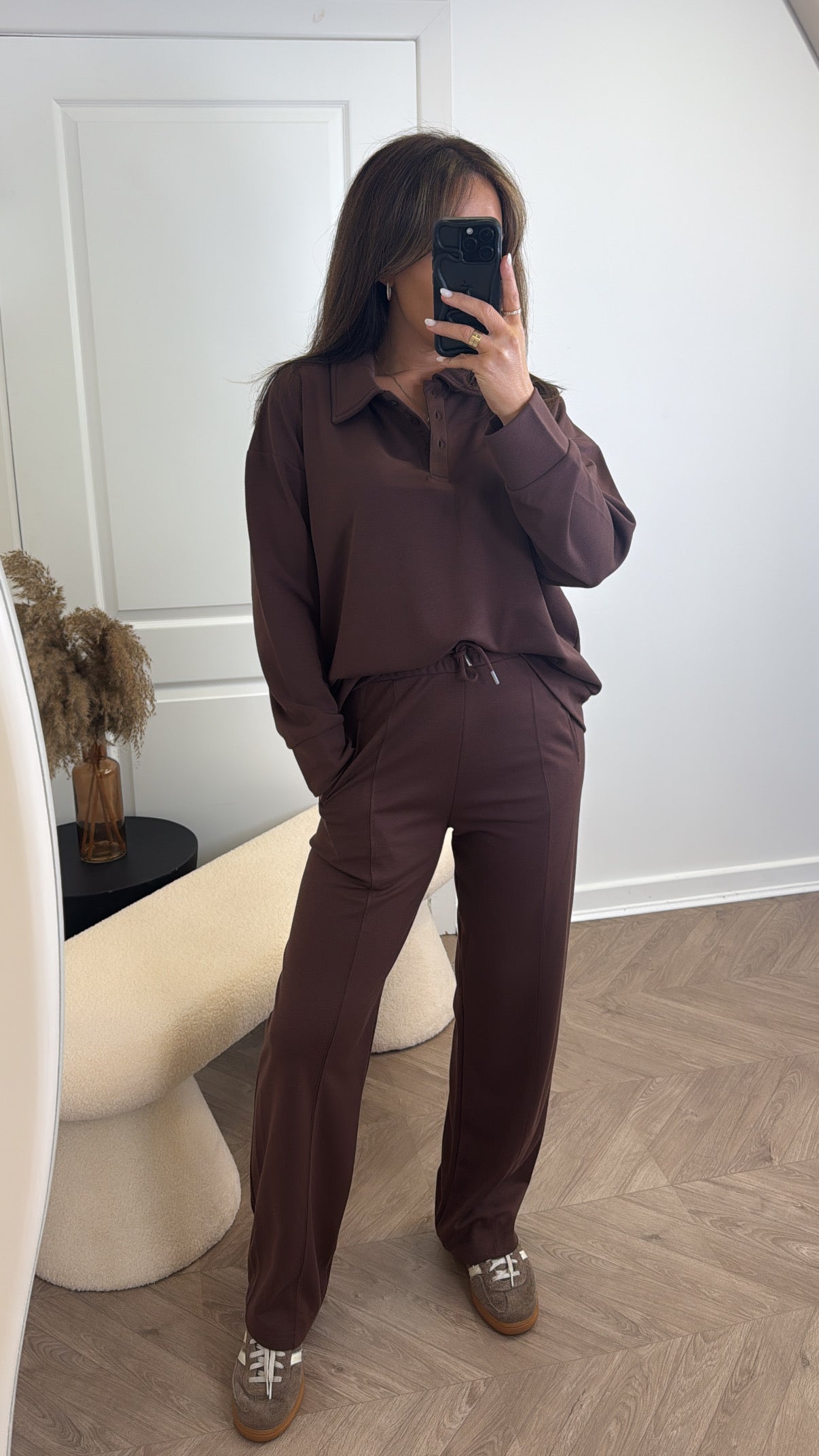 TEAGAN brown polo top and trousers lounge set