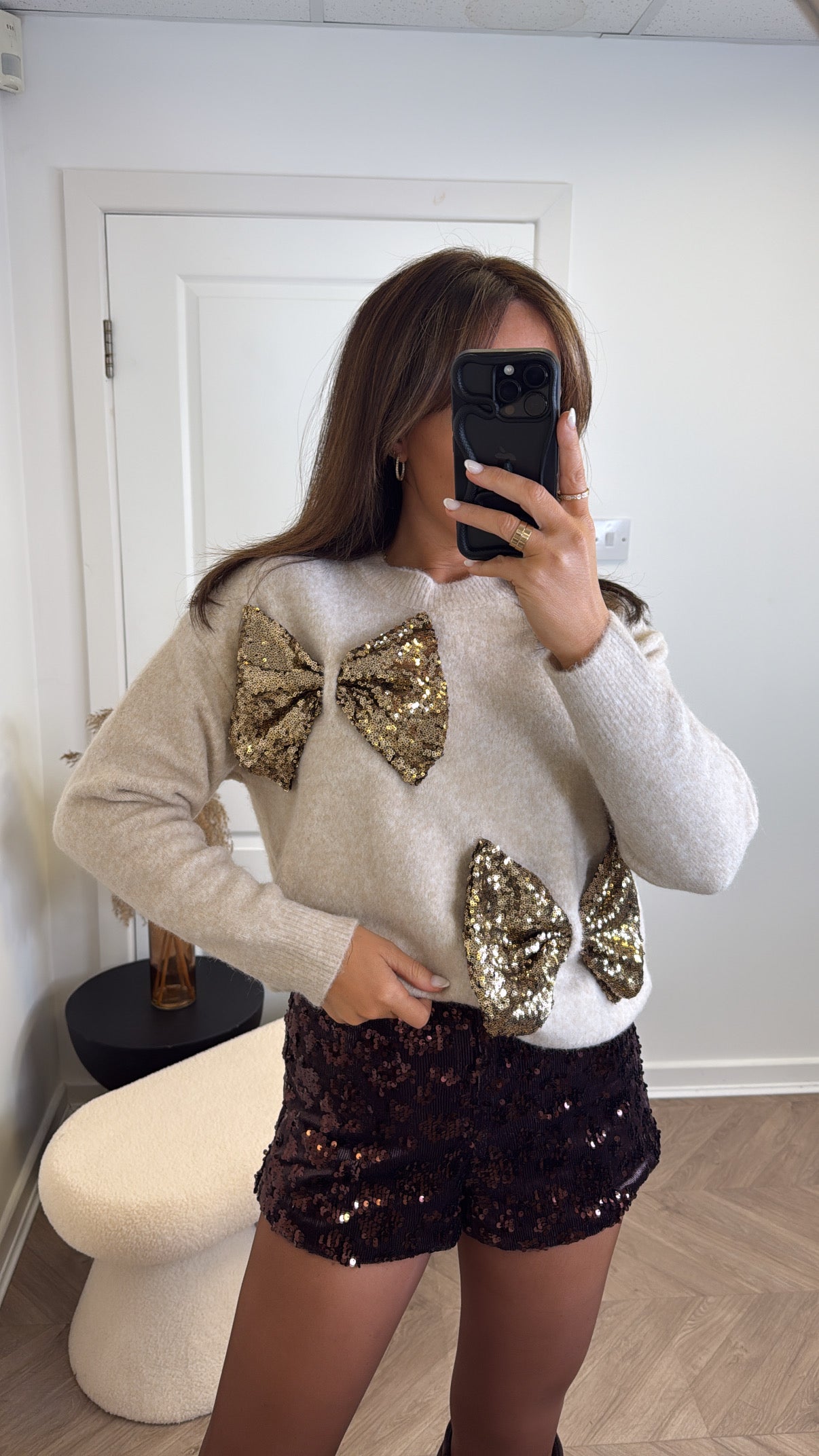 SYLVIE beige soft knit jumper with sequin bows
