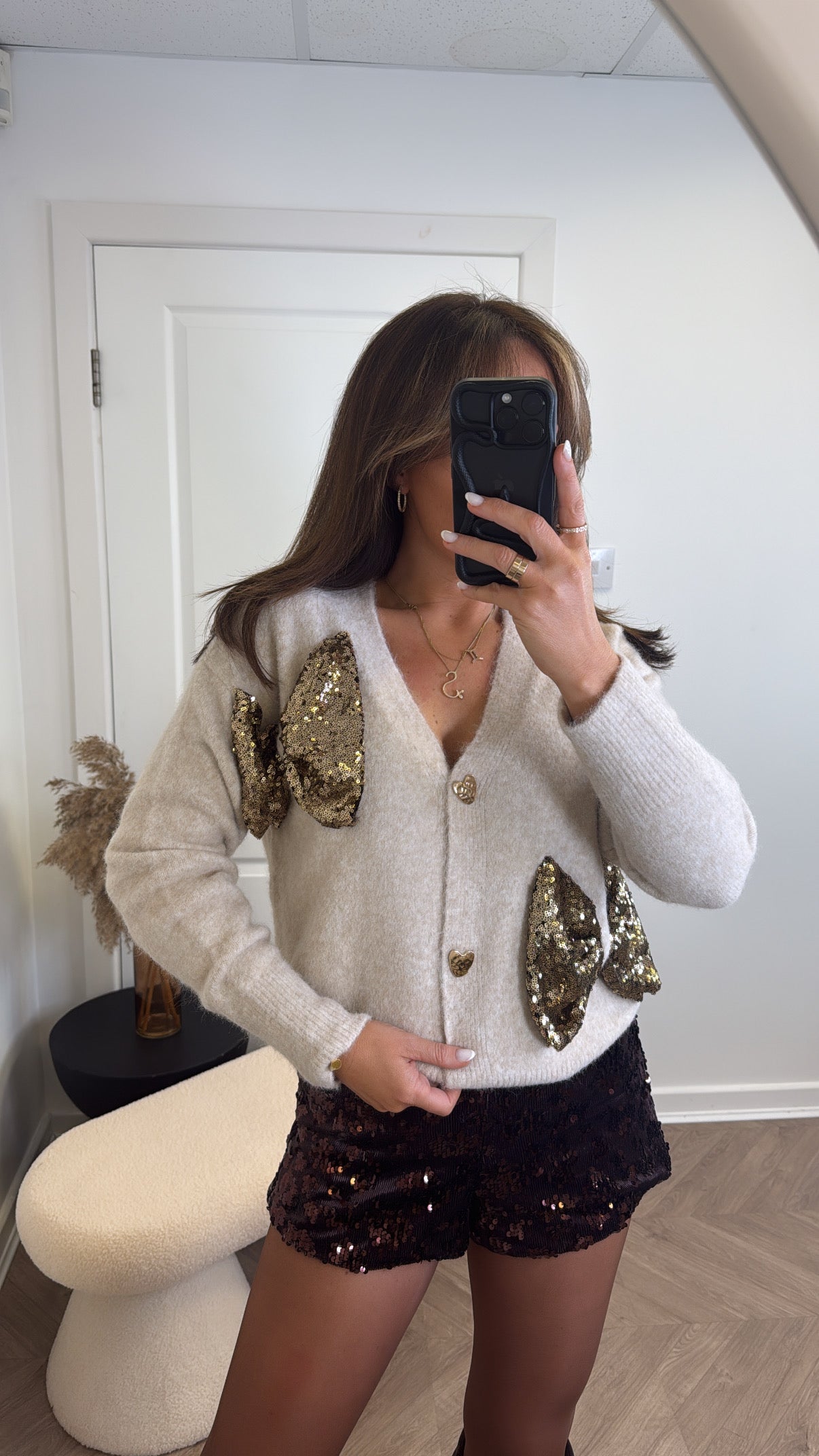VALERIE beige soft knit cardigan with sequin bows
