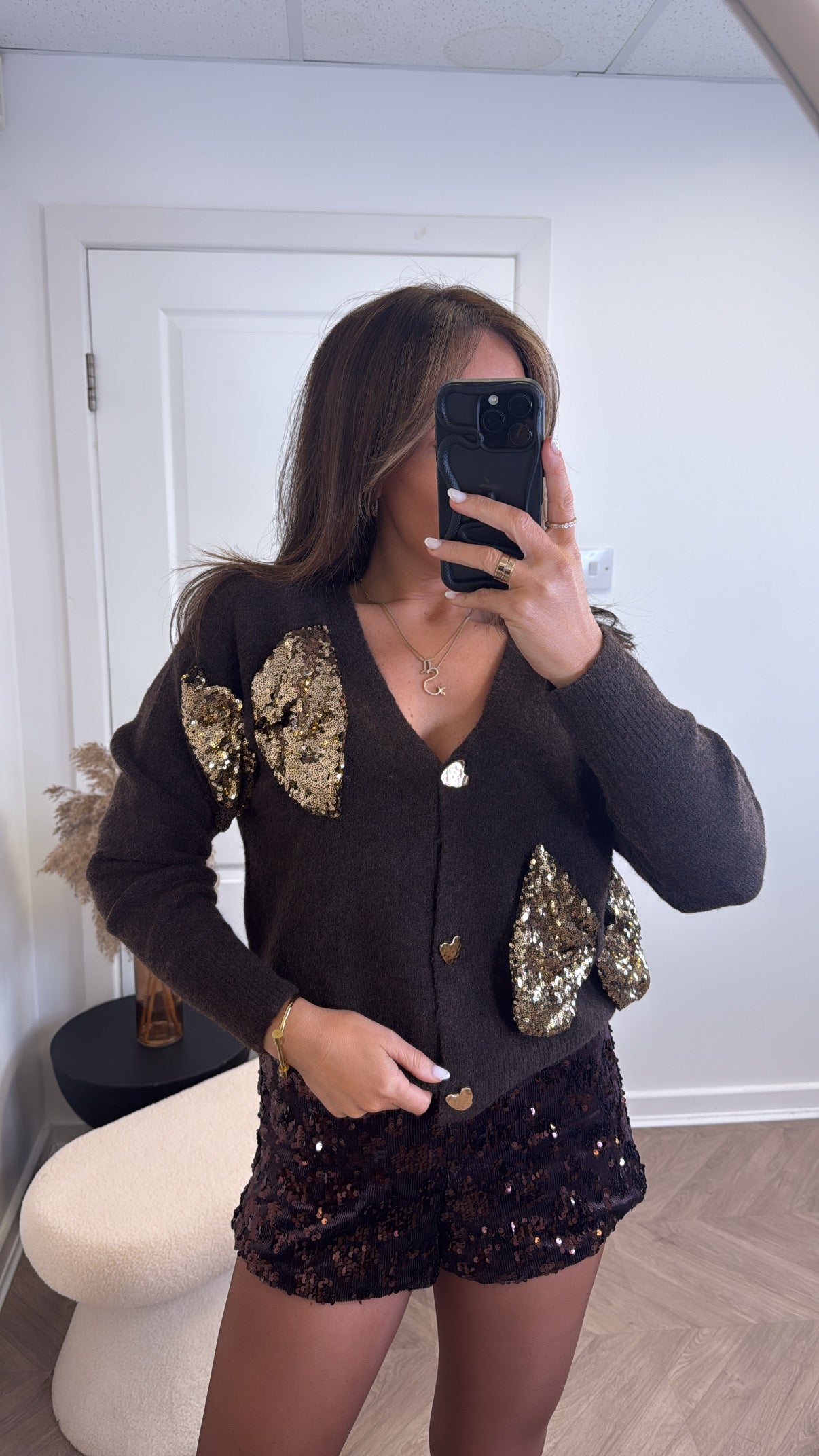 VALERIE brown soft knit cardigan with sequin bows