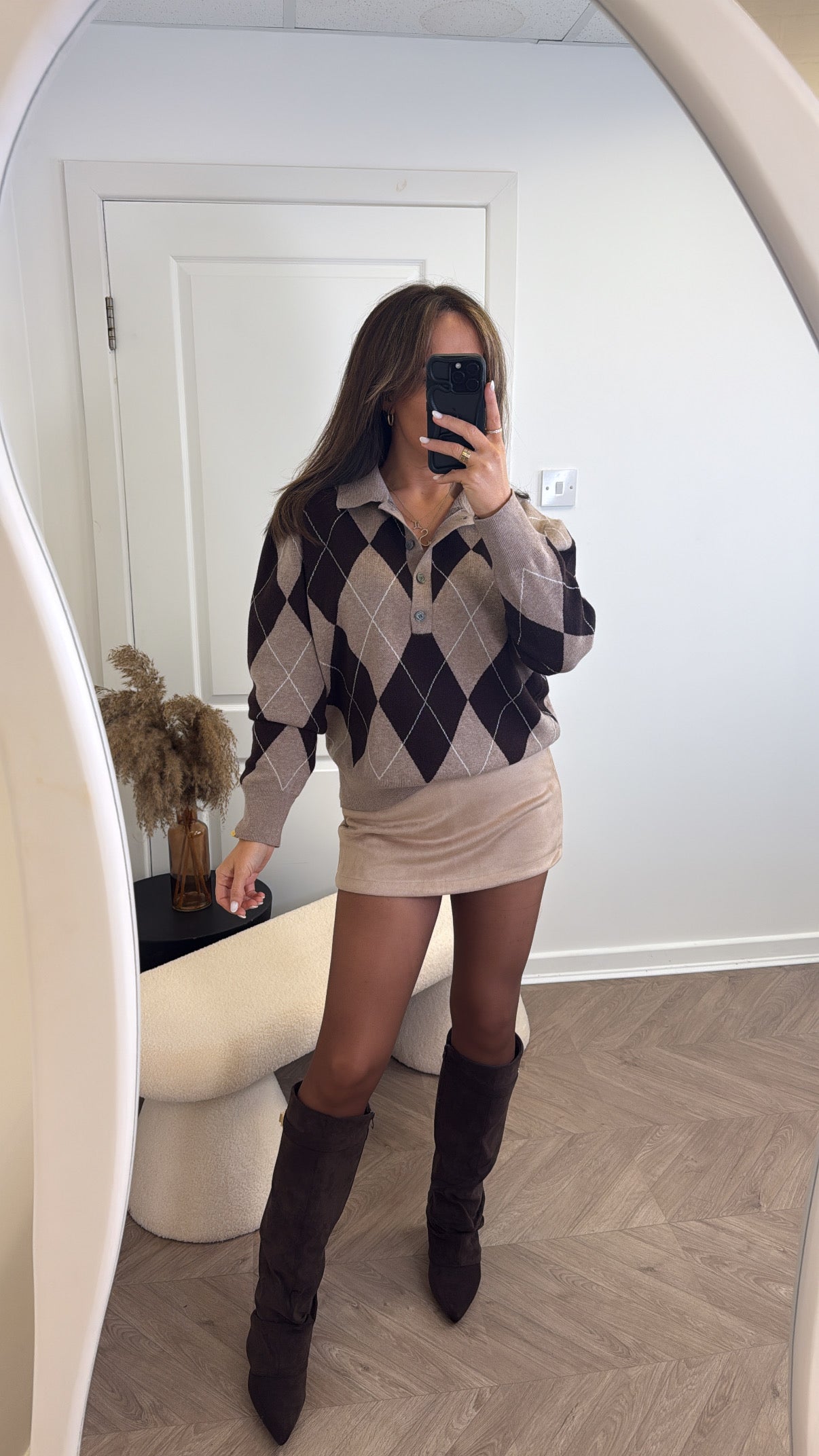 PHOEBE mocha and brown diamond print jumper