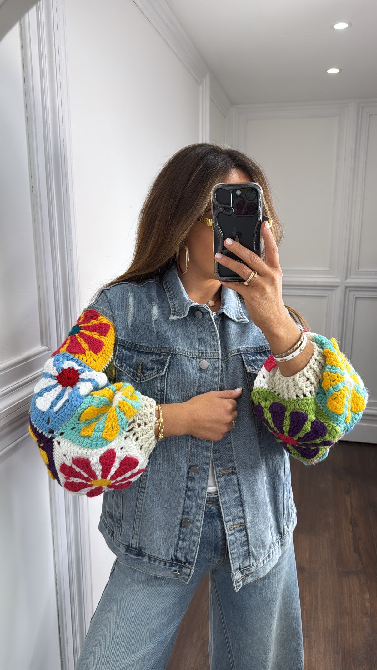 MISHA blue denim jacket with crochet sleeves