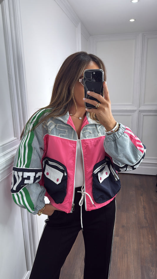 ROXI blue patchwork denim bomber jacket