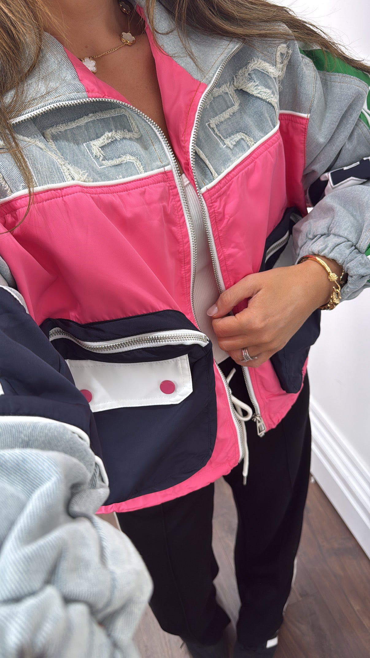 ROXI blue patchwork denim bomber jacket