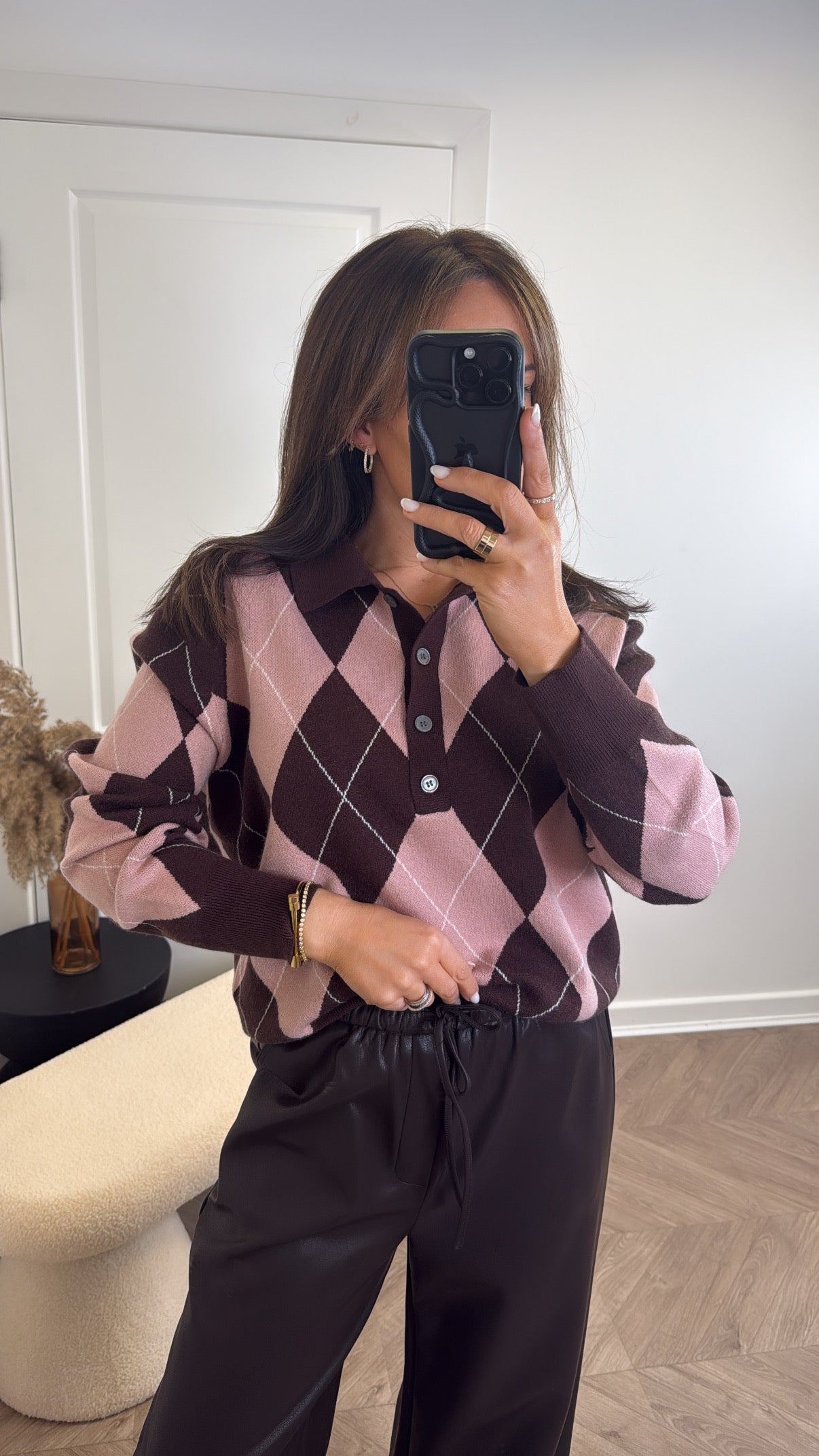 PHOEBE pink and brown argyle print jumper