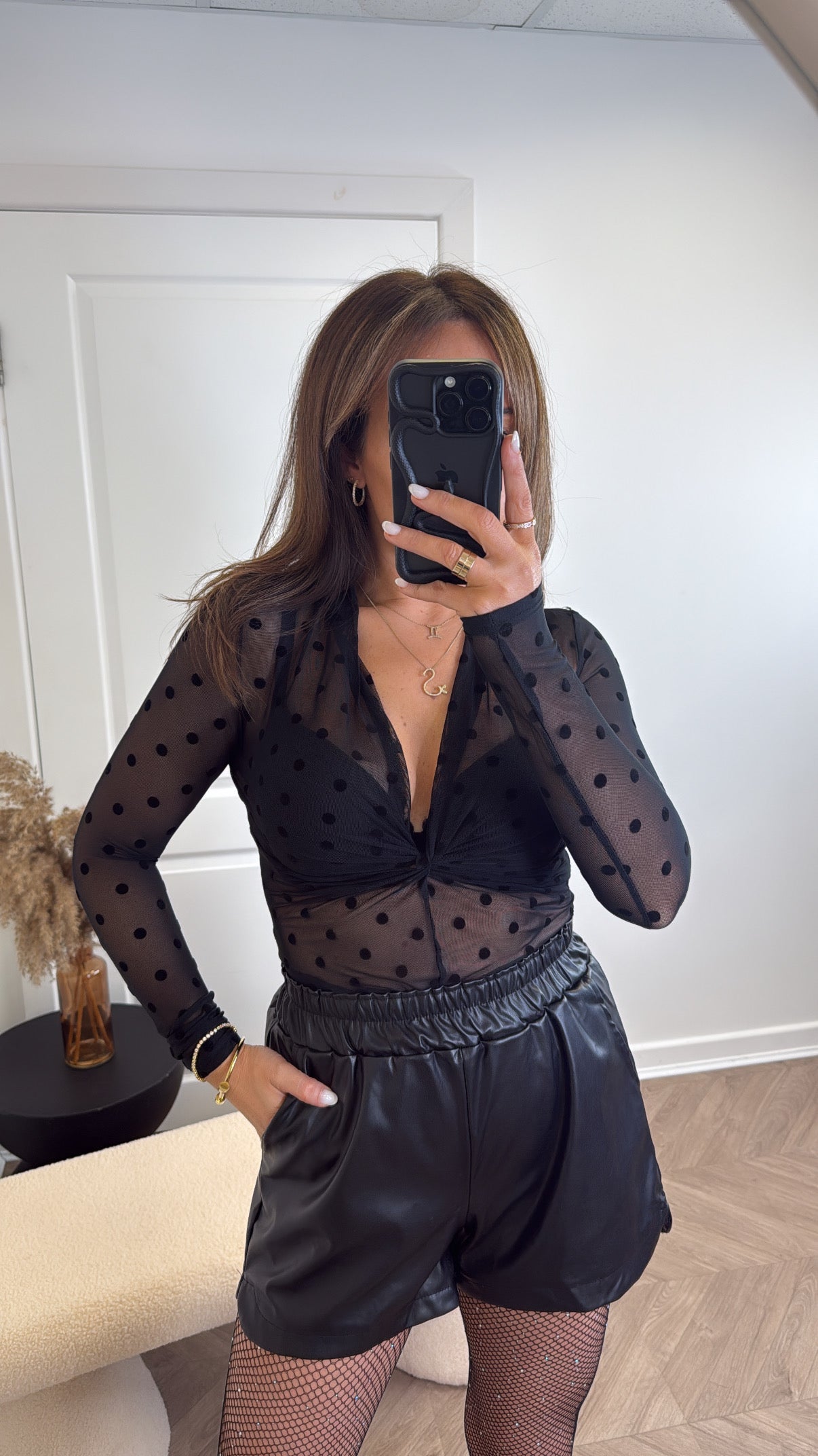 VALENTINE black mesh polka dot bodysuit