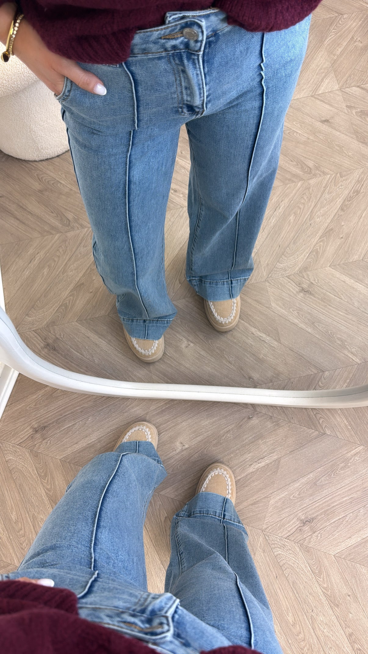 RENATA mid wash exposed seam dad jeans