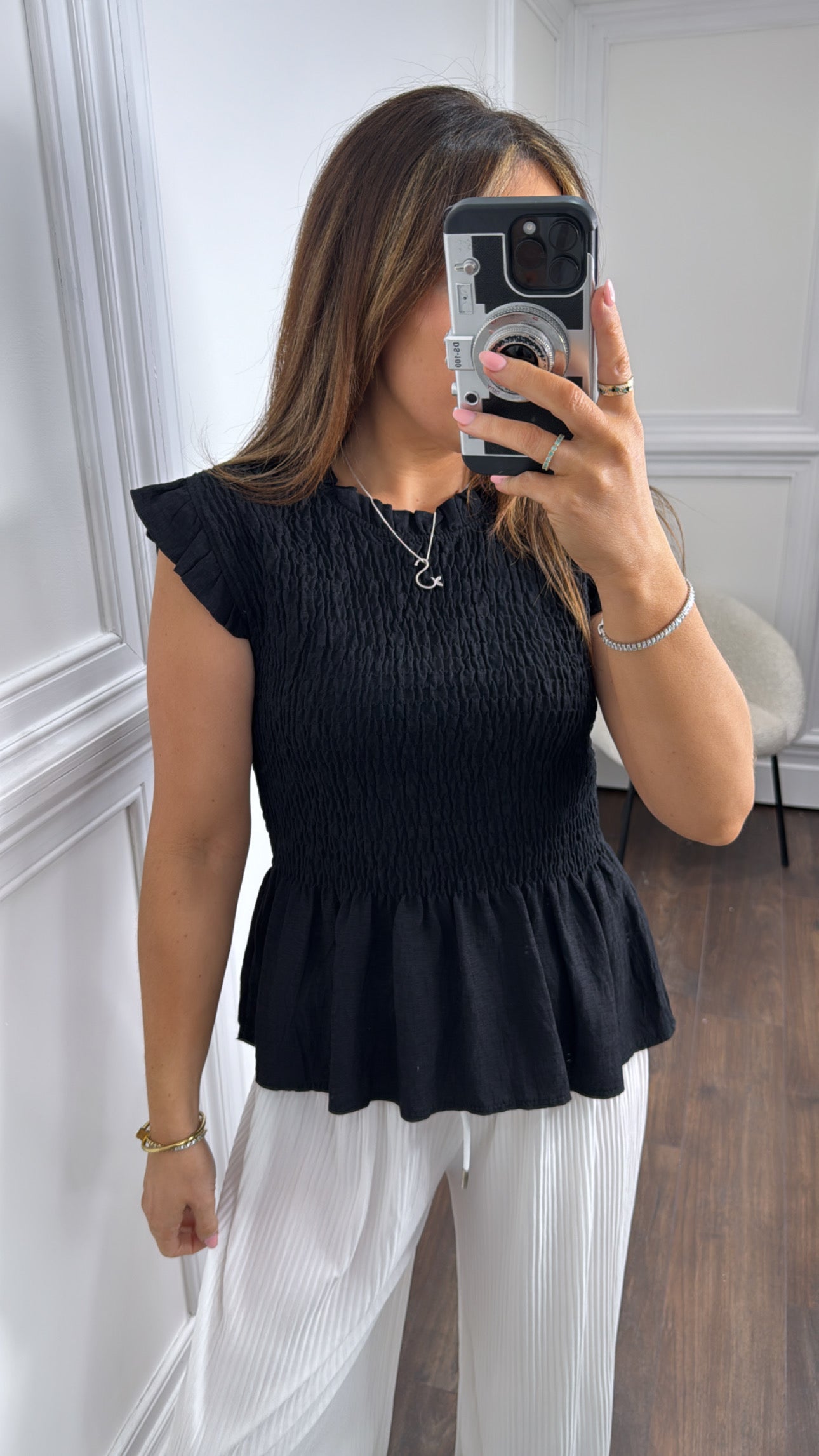FREYA black shirred detail top