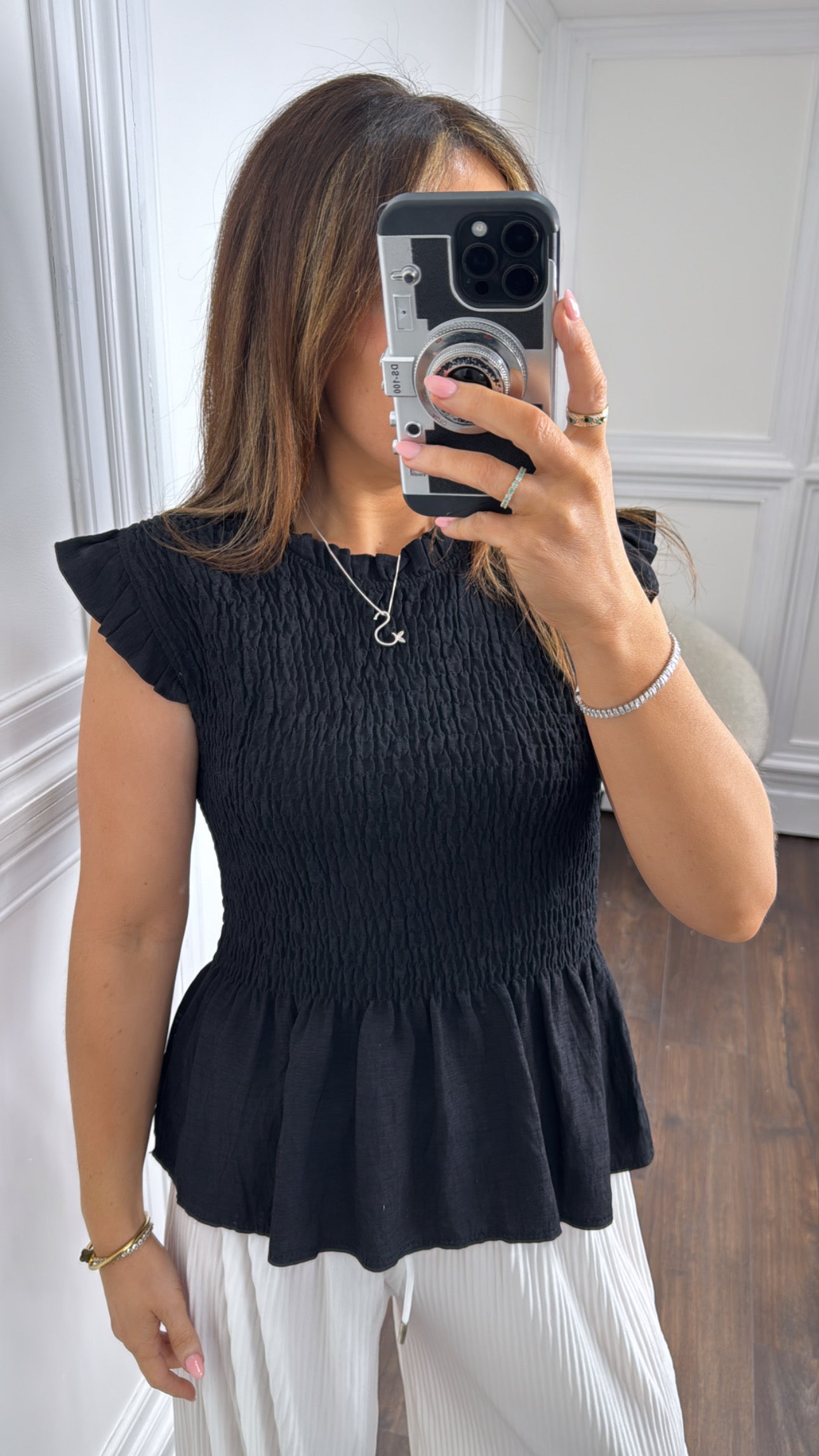 FREYA black shirred detail top