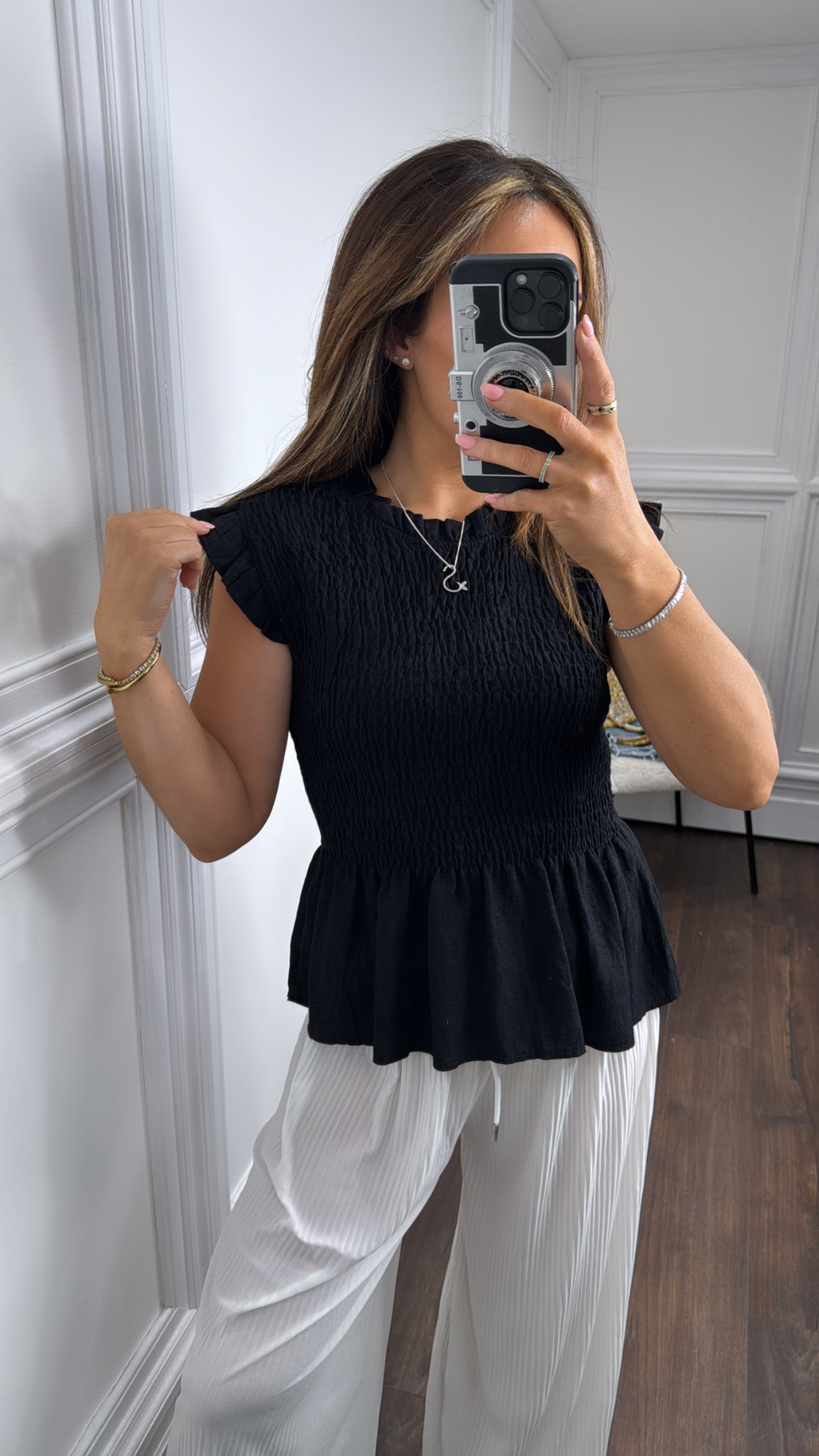 FREYA black shirred detail top