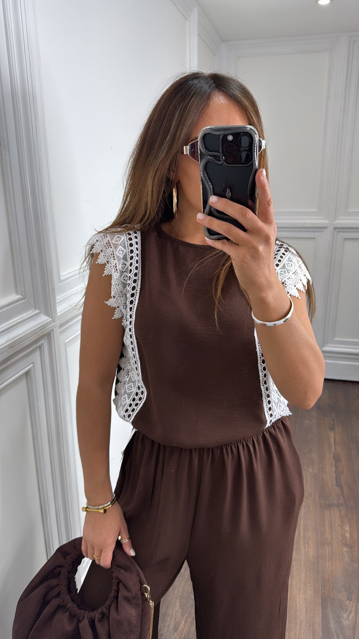 CHILA brown crochet appliqué top and wide leg trouser co-ord