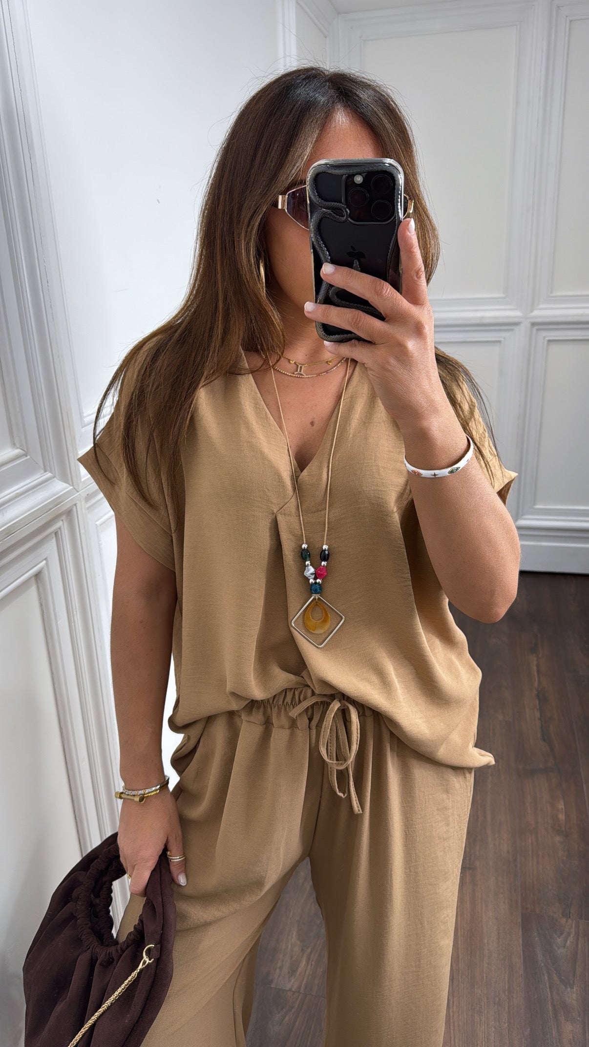 SERENE camel tunic top and wide leg co-ord with necklace
