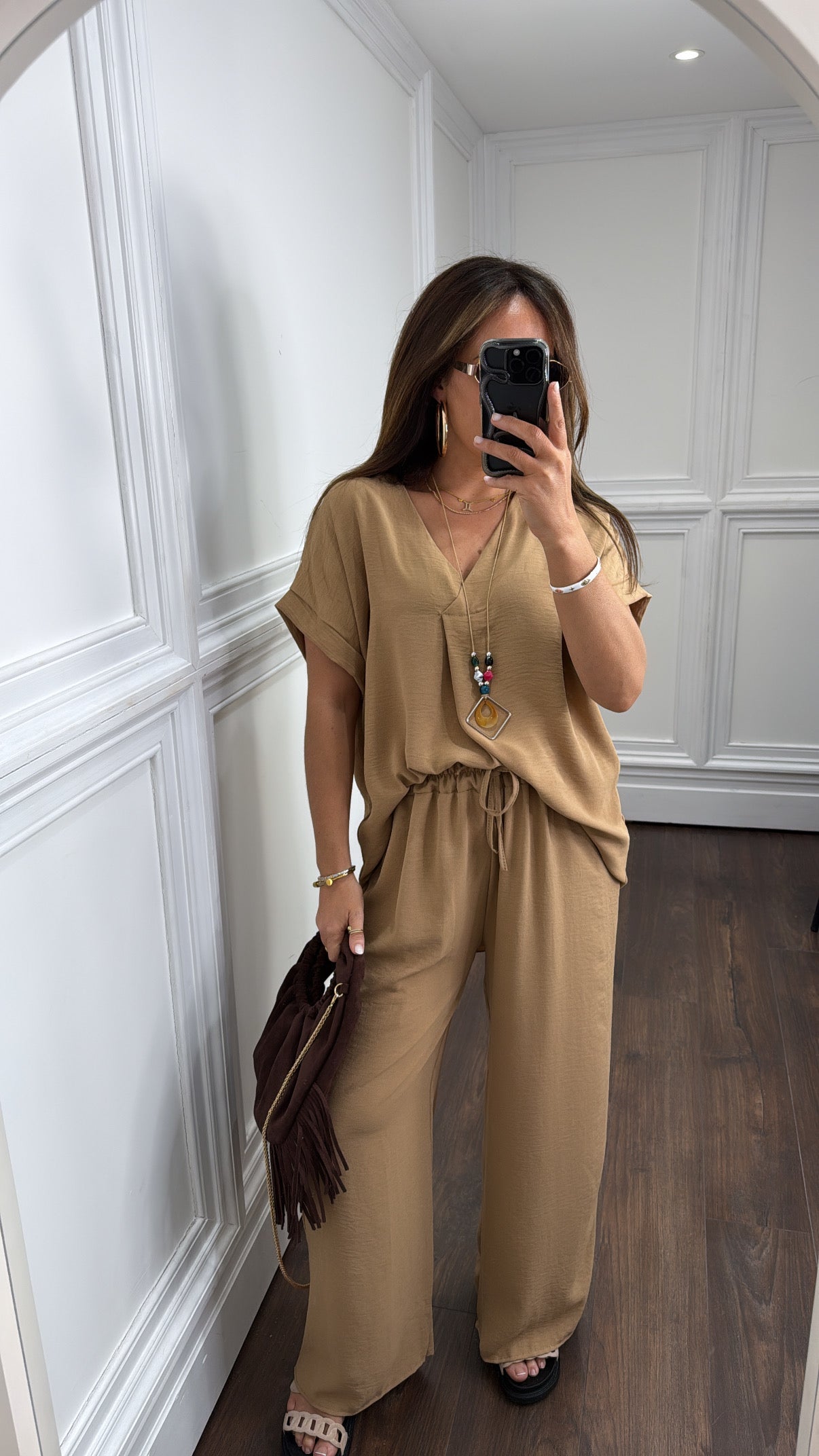SERENE camel tunic top and wide leg co-ord with necklace