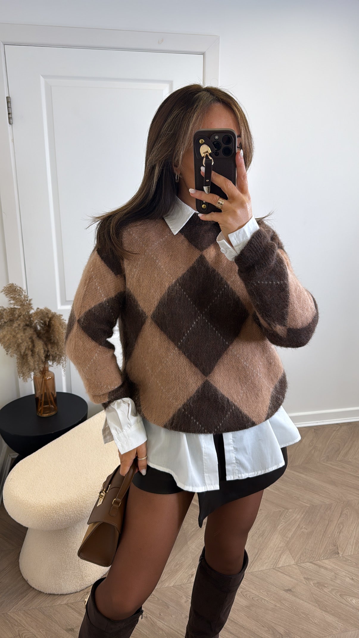SERENITY brown diamond check soft knit jumper