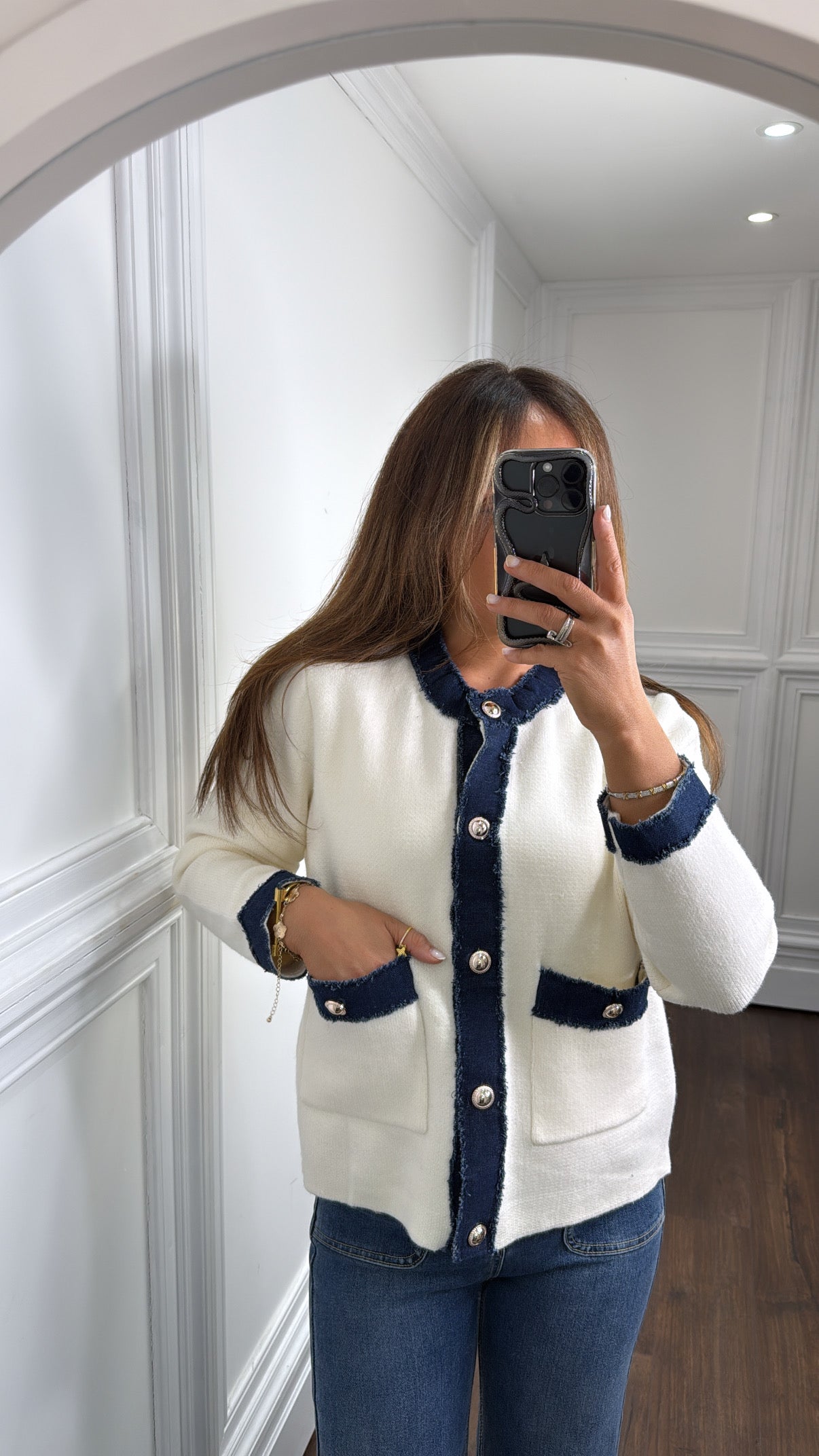 ELIZA cream knitted cardigan with denim contrast trim