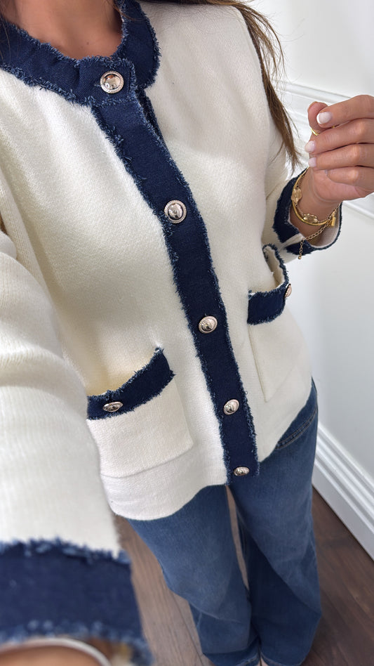 ELIZA cream knitted cardigan with denim contrast trim
