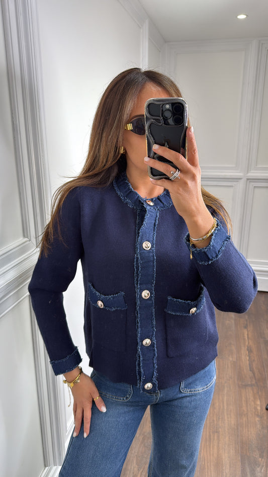 ELIZA navy knitted cardigan with denim contrast trim