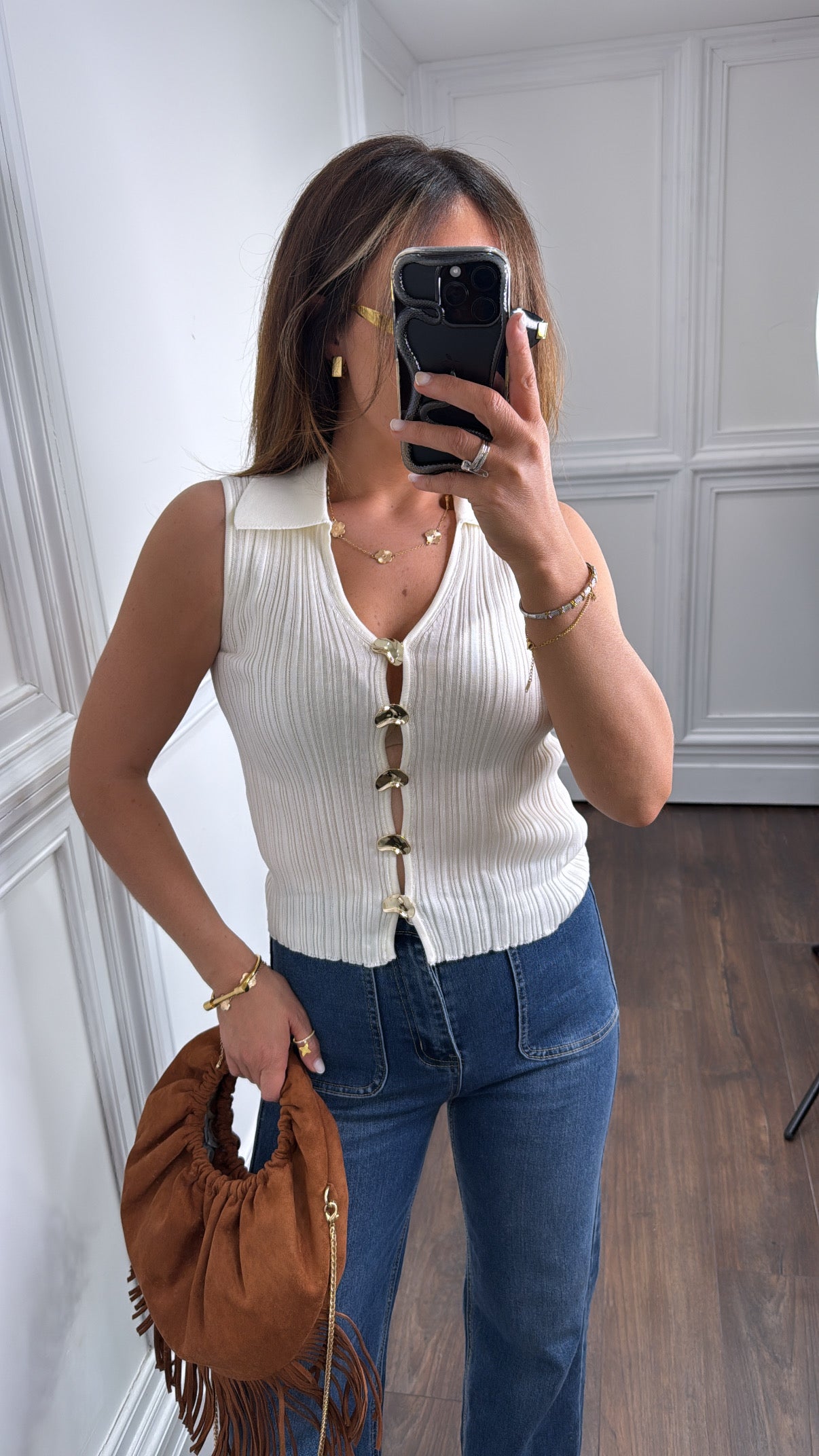 LIA cream ribbed knitted top with gold button detail