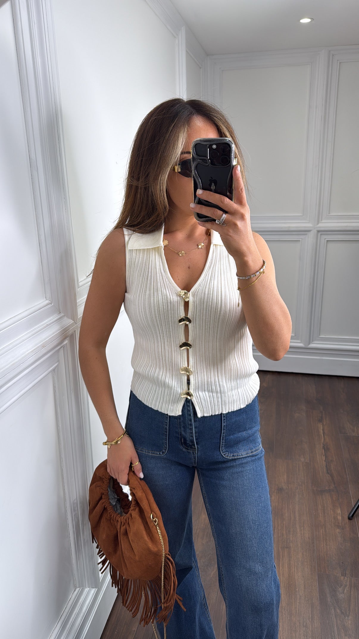 LIA cream ribbed knitted top with gold button detail
