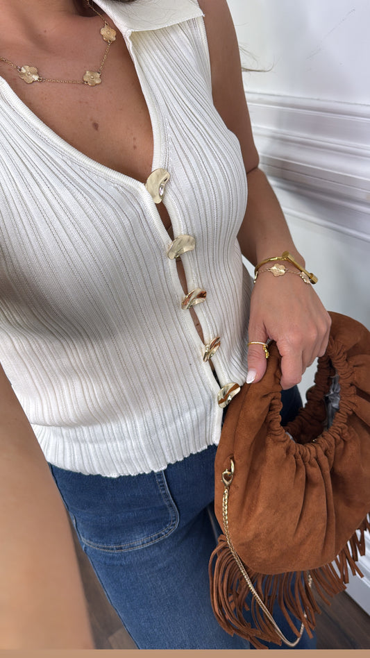 LIA cream ribbed knitted top with gold button detail