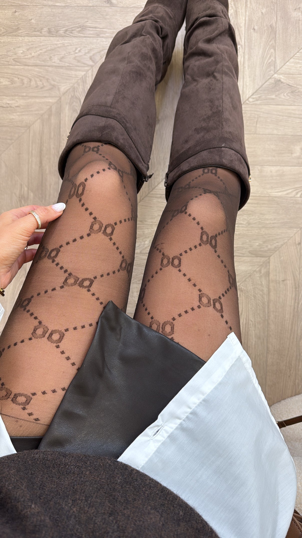 CLEO brown monogram sheer tights