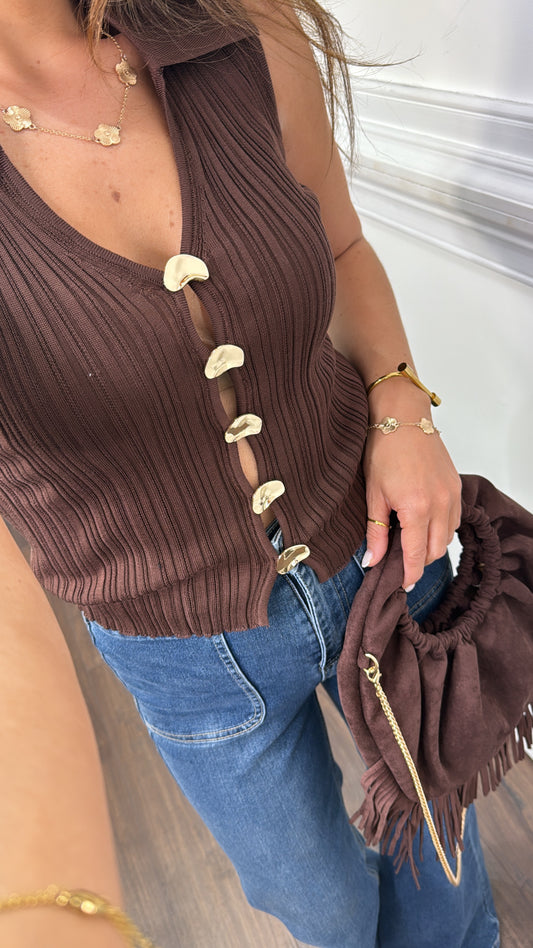 LIA brown ribbed knitted top with gold button detail