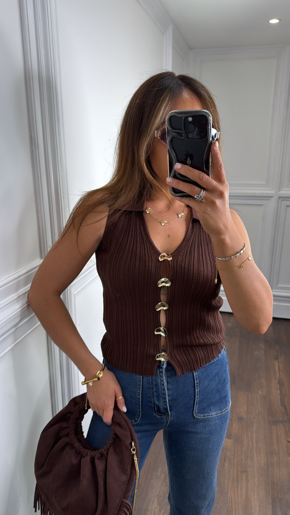 LIA brown ribbed knitted top with gold button detail