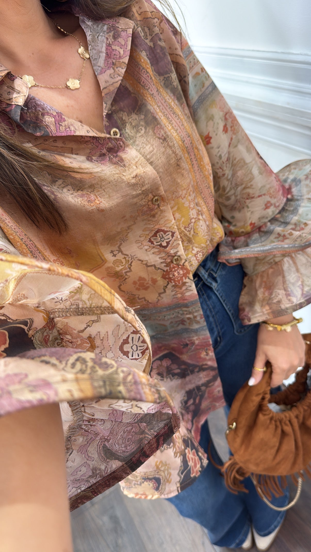LOLA camel printed dip hem shirt with ruffle extreme sleeve detail
