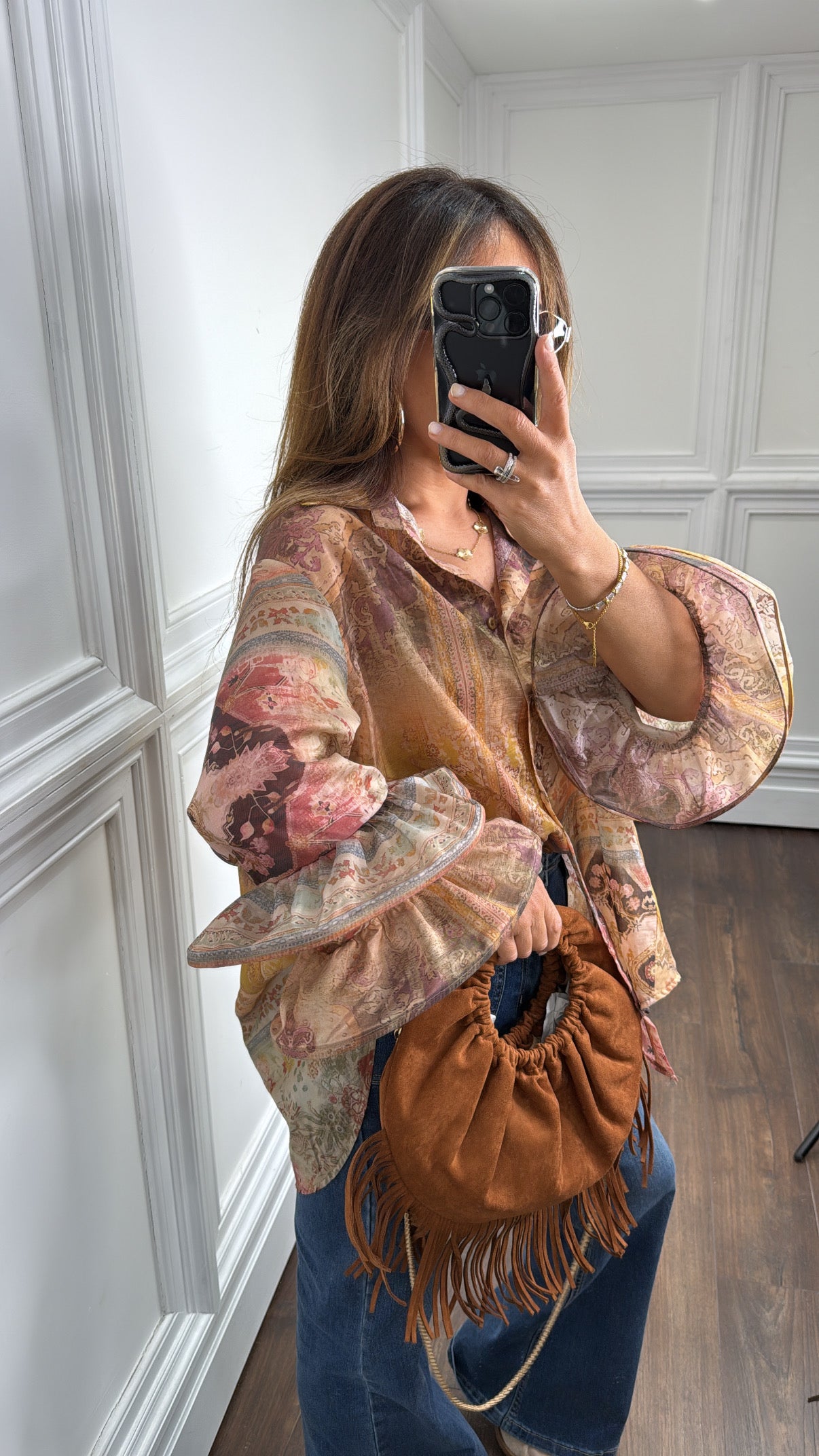 LOLA camel printed dip hem shirt with ruffle extreme sleeve detail