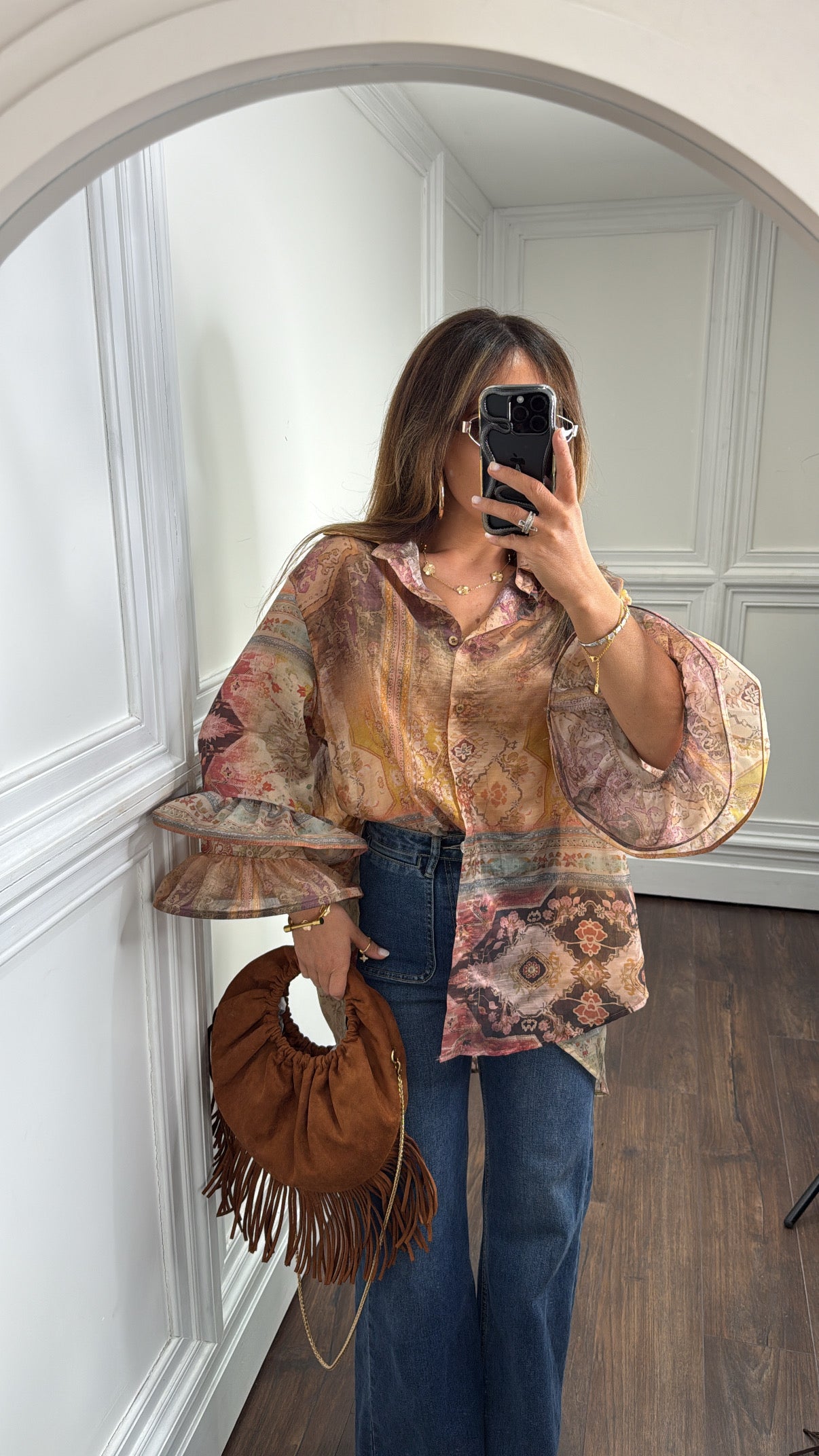 LOLA camel printed dip hem shirt with ruffle extreme sleeve detail