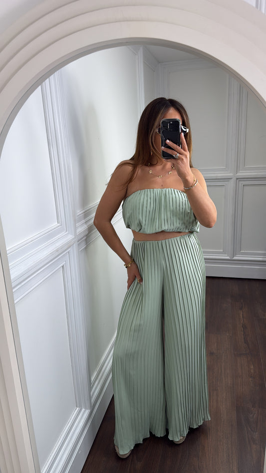 AMALIE mint pleated boob tube and palazzo co-ord