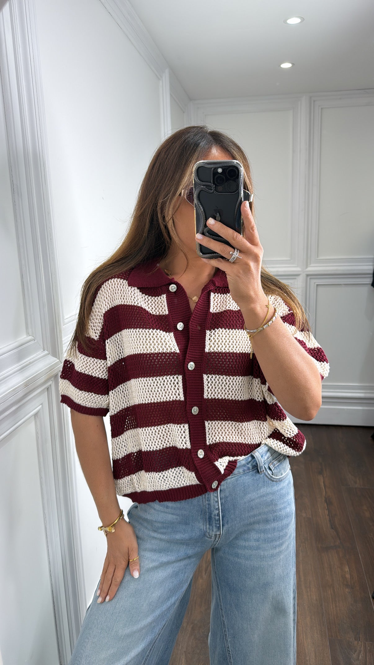 ROMI burgundy and cream stripe button up crochet top