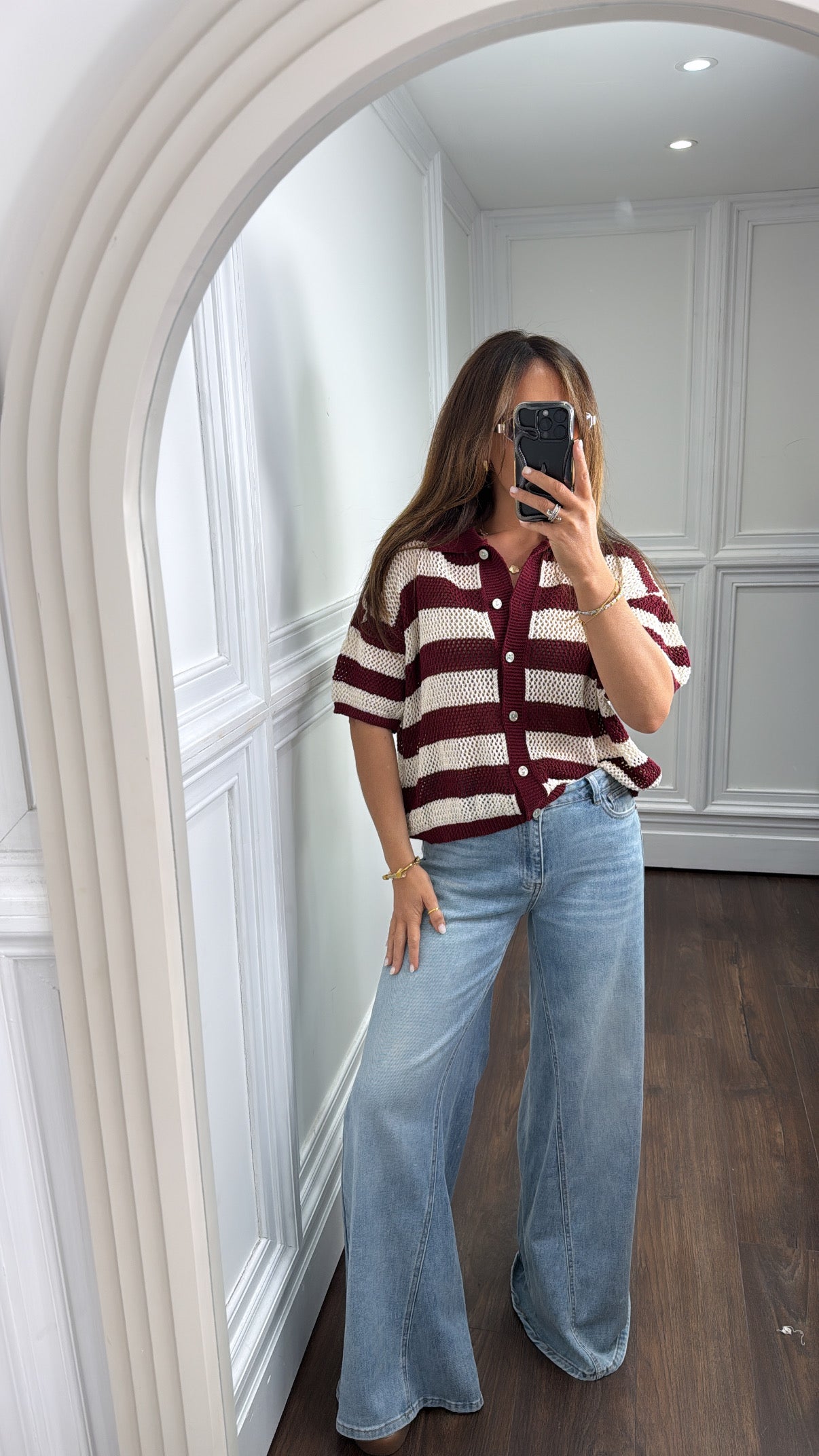 ROMI burgundy and cream stripe button up crochet top