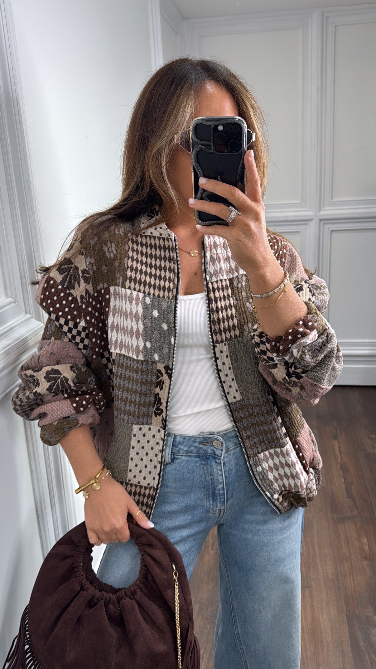 MOLLIE brown patchwork embroidered over size bomber jacket