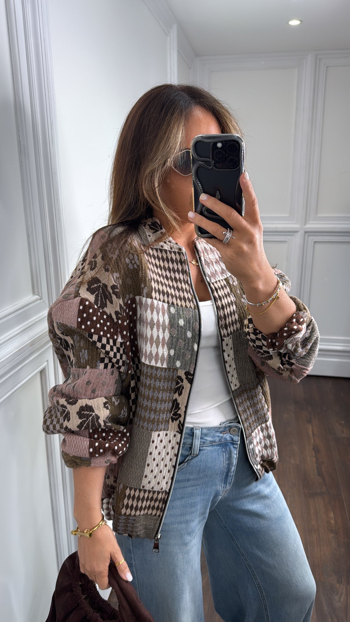 MOLLIE brown patchwork embroidered over size bomber jacket