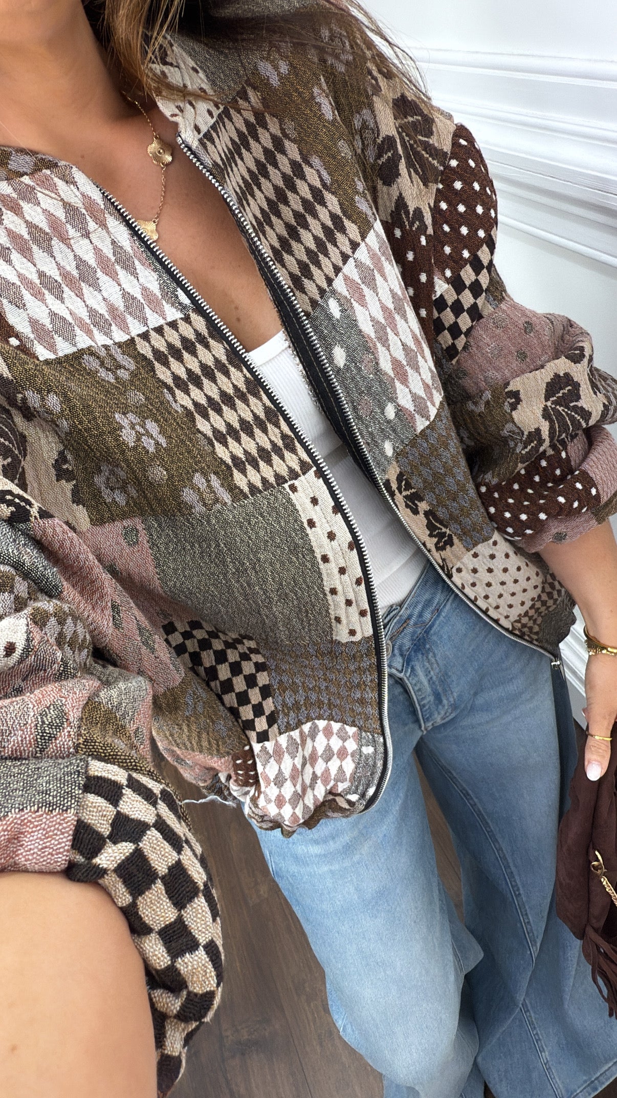 MOLLIE brown patchwork embroidered over size bomber jacket