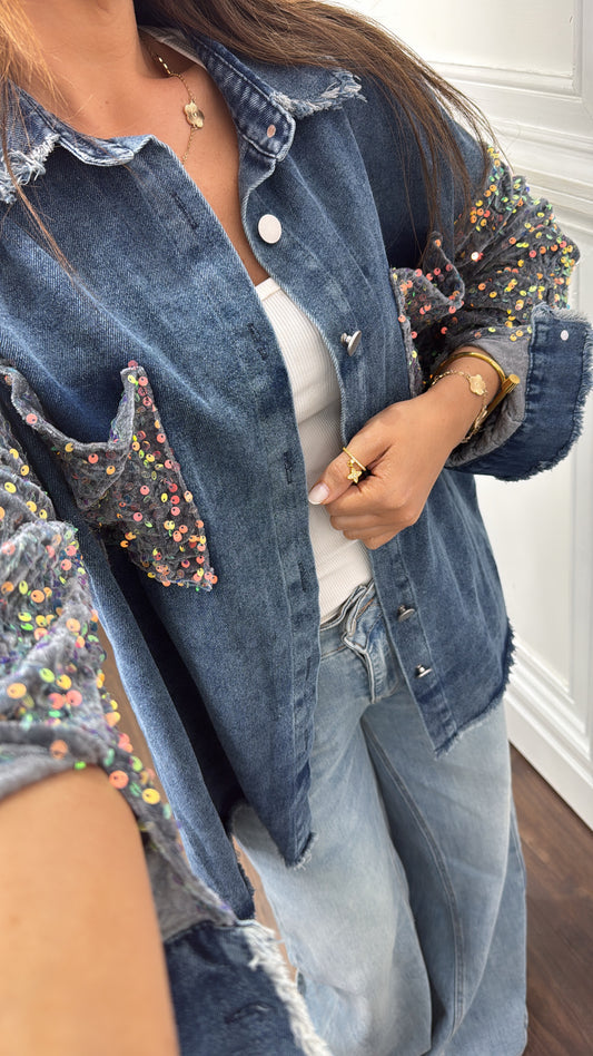 SHAUNA blue denim shacket with contrast sequin arms