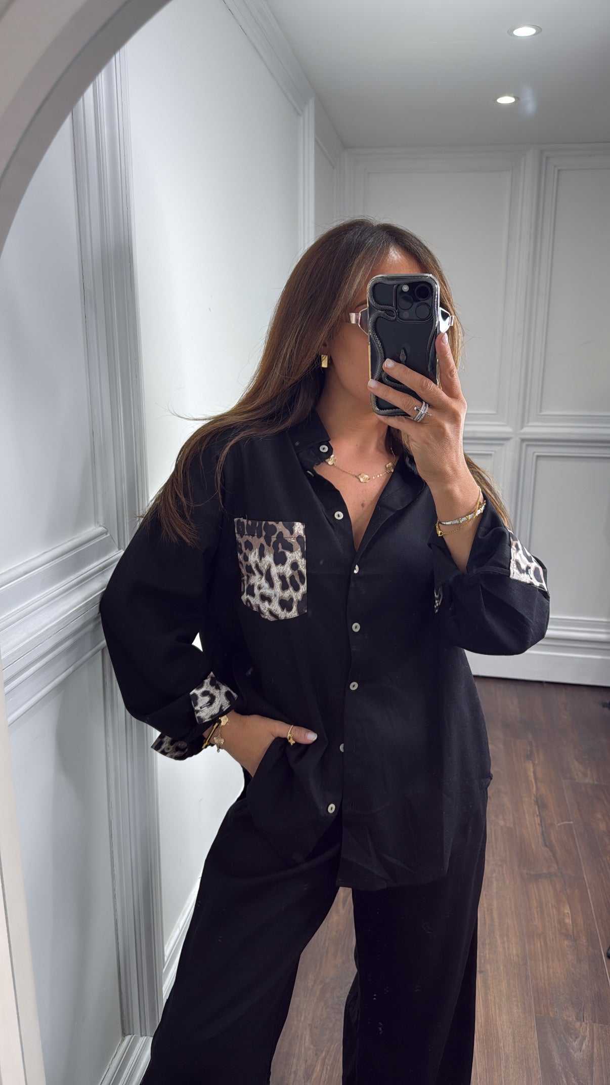 TAMMY black and leopard shirt and trousers co-ord