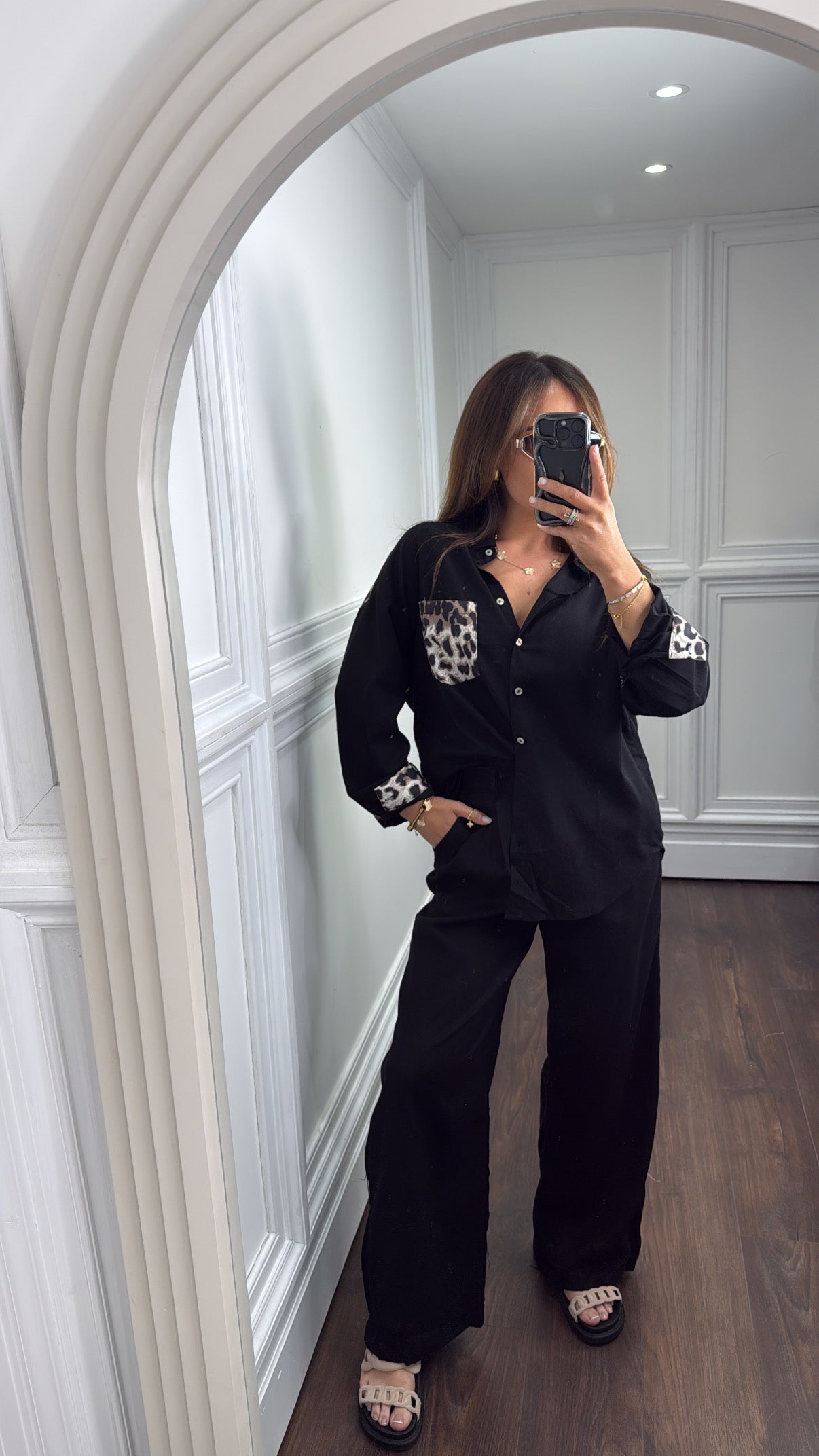 TAMMY black and leopard shirt and trousers co-ord