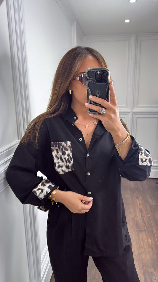 TAMMY black and leopard shirt and trousers co-ord