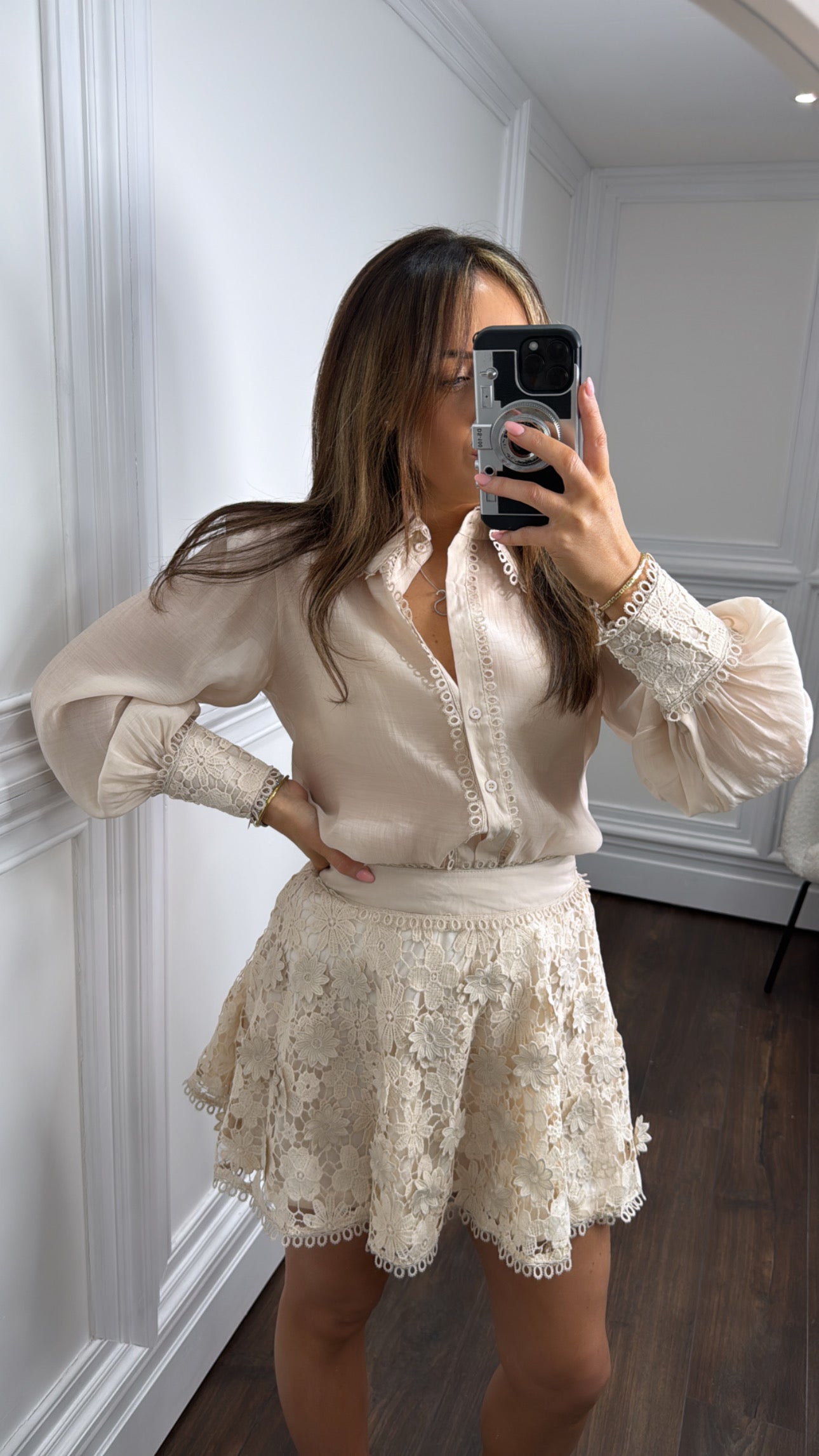 ADINA beige crochet detail blouse and skirt co-ord set