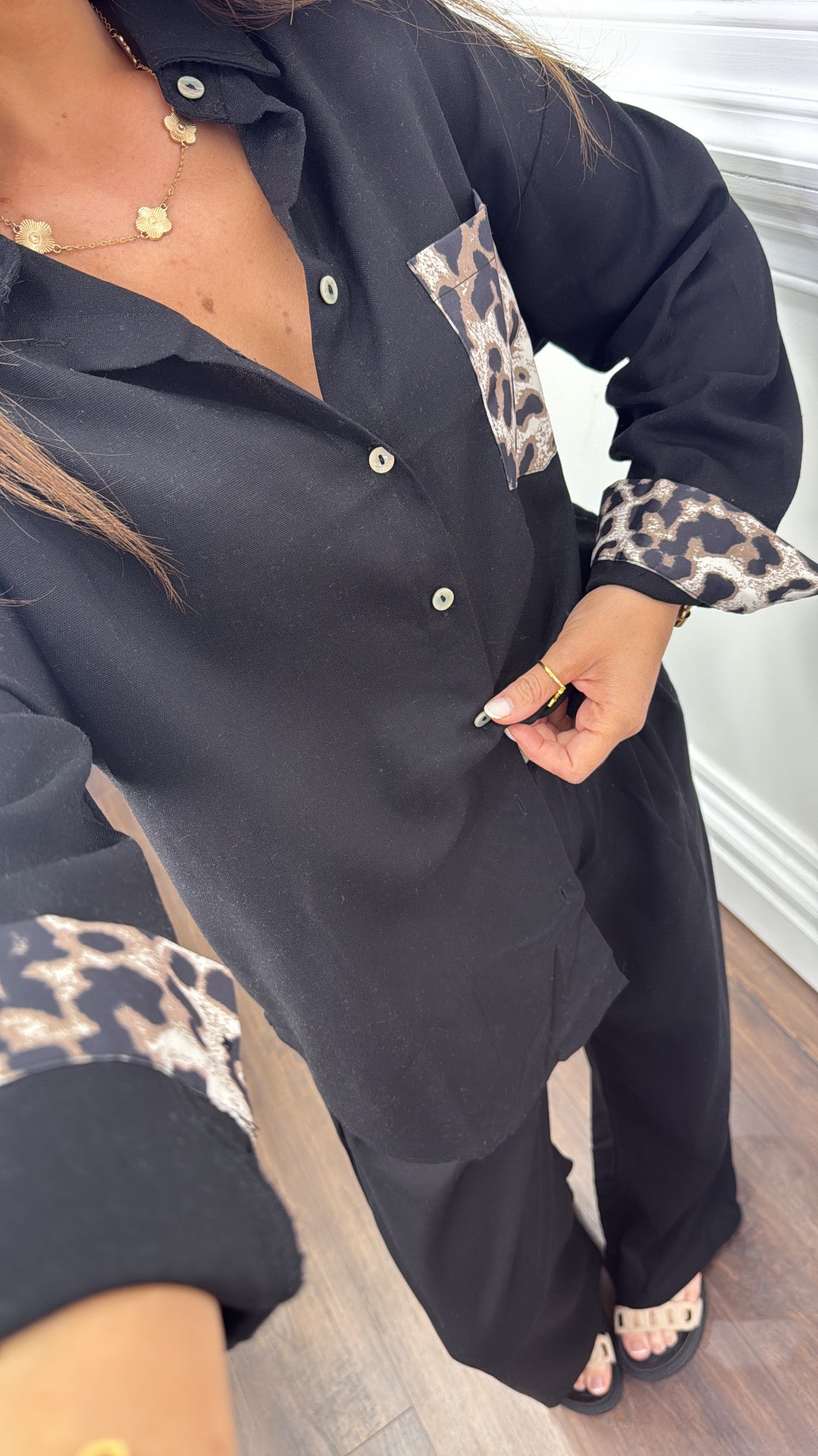 TAMMY black and leopard shirt and trousers co-ord